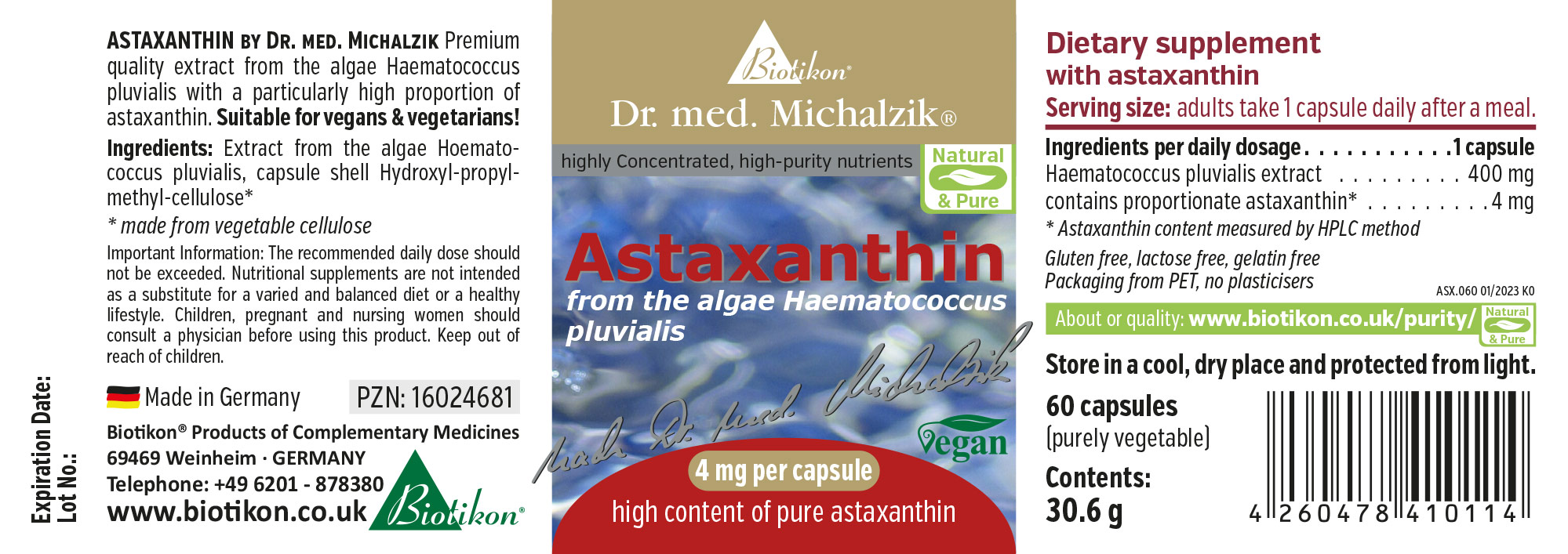 Astaxanthin 4 mg – Capsules Dietary supplement Astaxanthin, 60 capsules, vegan gelatin-free packaging, greenish-transparent design.