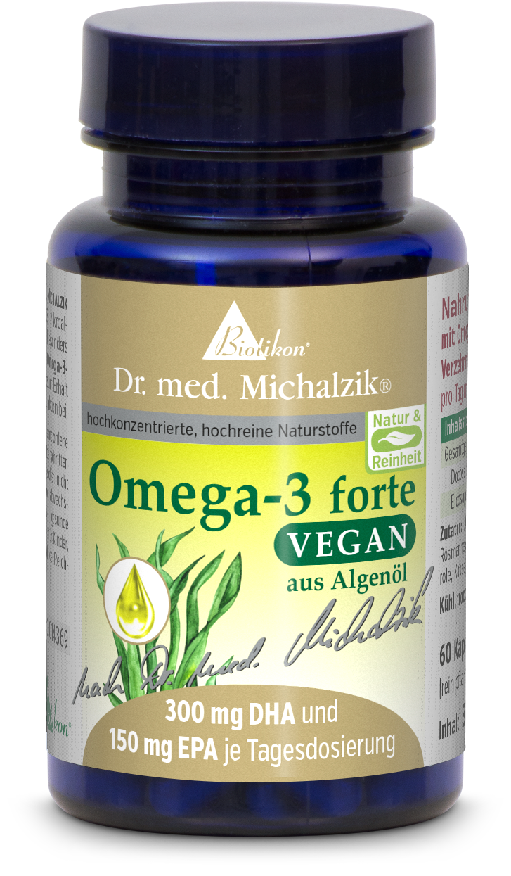 Black capsule bottle containing 30 vegan Omega-3 capsules made from algae oil, designed in vibrant quality.