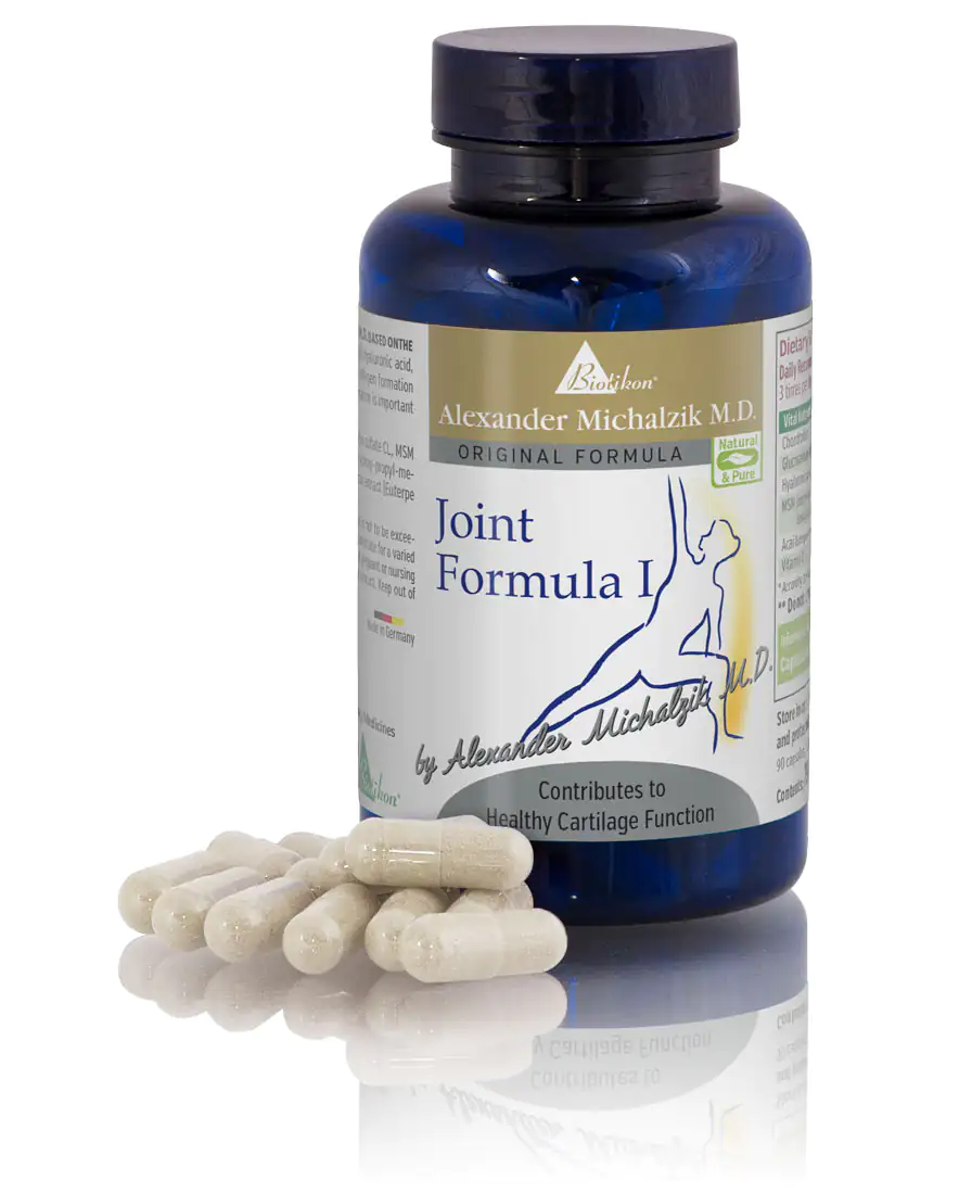 Joint Formula I - Capsules Blue bottle with capsules, total of 90, light-colored capsules, close-up view.