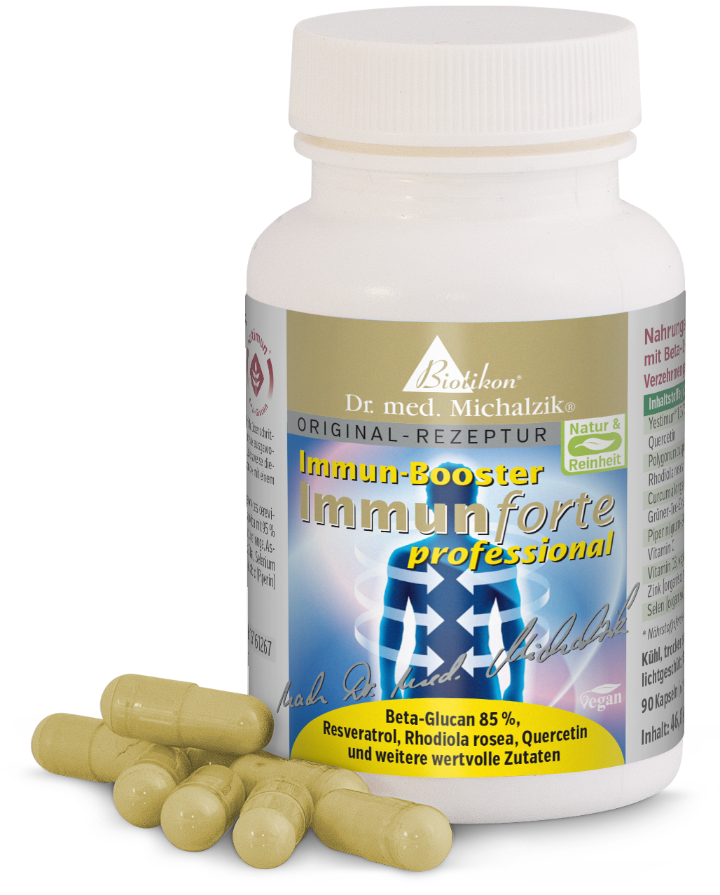 Immune Booster 90 Capsules – Professional Bottle with 90 vegan capsules, beige, immune booster, package view