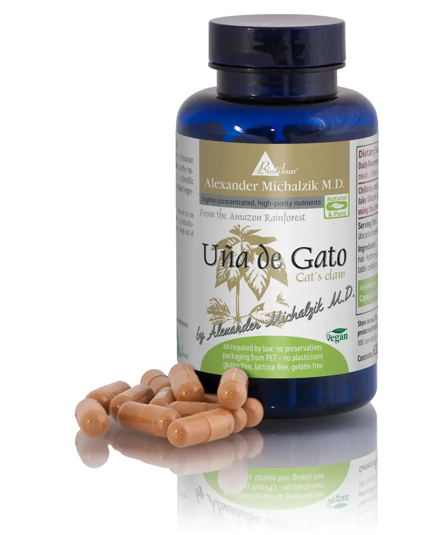 Una de Gato – 90 Capsules Vegan capsule container with Una de Gato, brown capsules, 90 pieces, blue container.