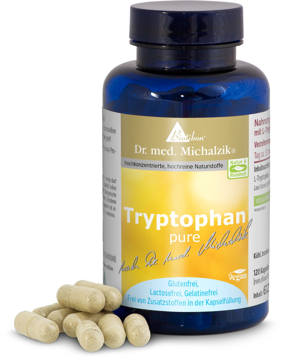 Tryptophan Pure – 120 Capsules Glass bottle containing vegan, gluten-free, lactose-free, gelatin-free light yellow tryptophan capsules.