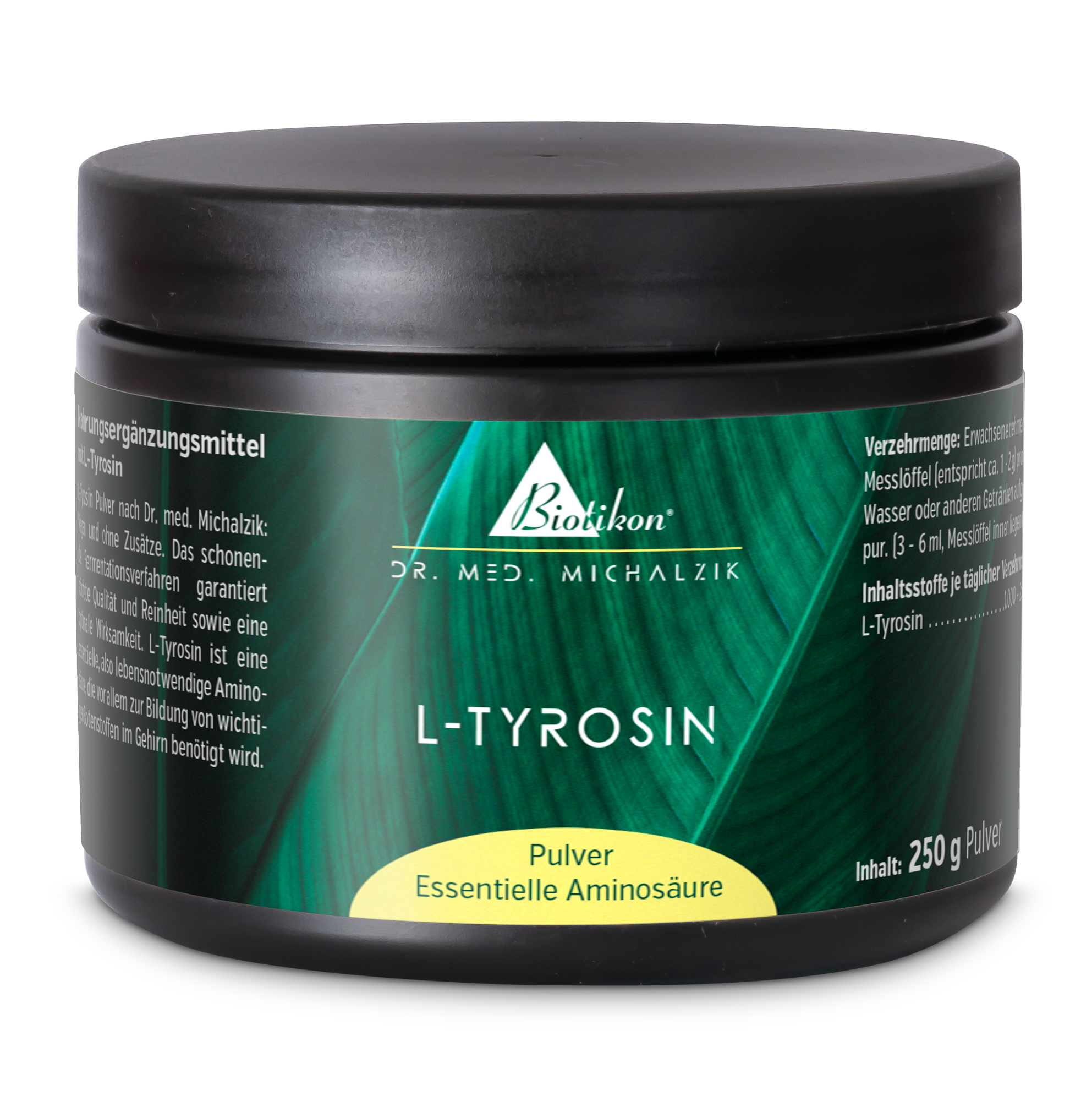 L-Tyrosine Powder - 250 g L-Tyrosine Powder in a black container, 250 g, by Biotikon, captured at a slight angle.