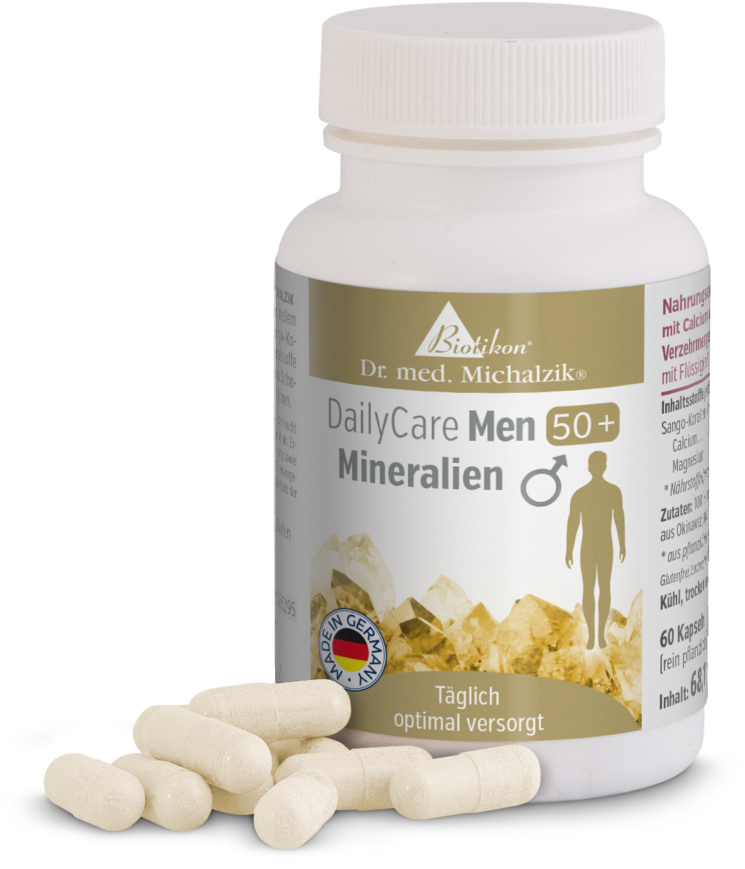 Mineral Capsules 60 count – DailyCare Men 50+ Mineral capsules in a white bottle containing 60 pieces, slightly beige, on a black background.