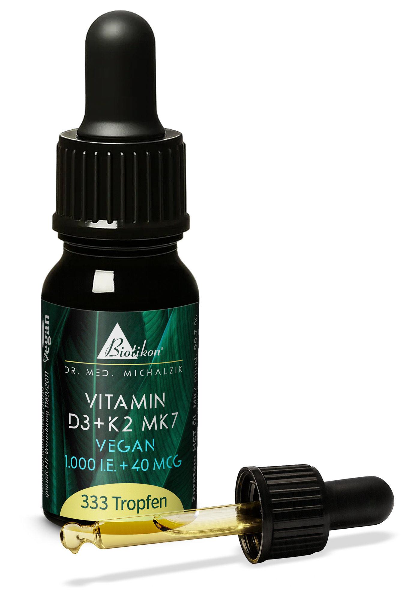 Dropper bottle with 333 drops of vitamin D3 and K2 MK7, black packaging, yellow liquid.