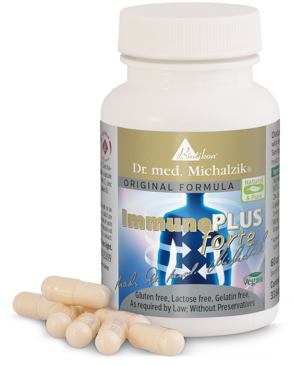 ImmunePLUS Forte – Capsules for Immunity 60 beige vegan capsules of ImmunePLUS Forte in a flat pack, gluten-free.