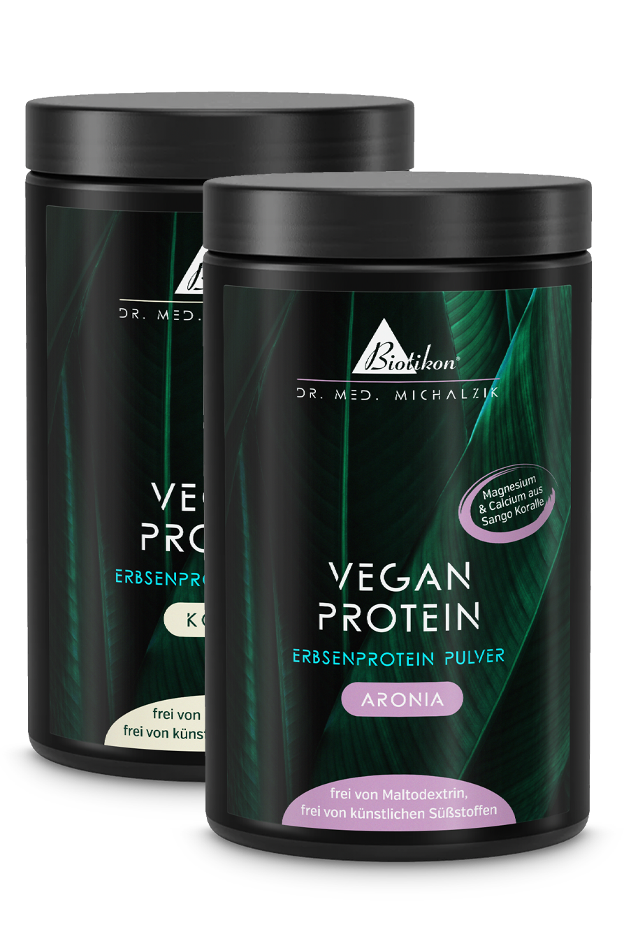 Two containers of plant protein powder in white; one with Aronia, the other in chocolate flavor, 500 g.