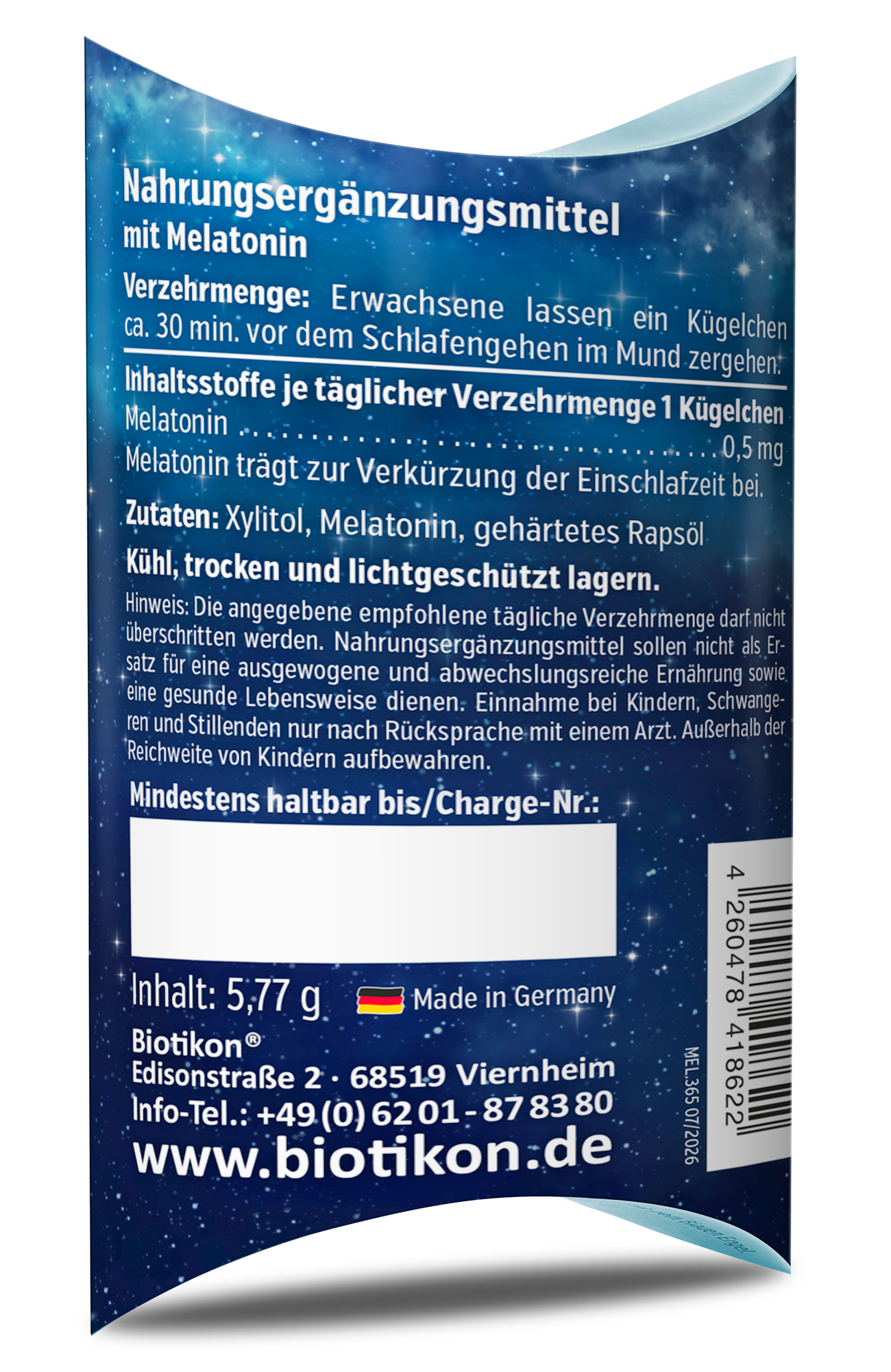 Dietary supplement with melatonin, 5.77 g package, blue with starry sky design.