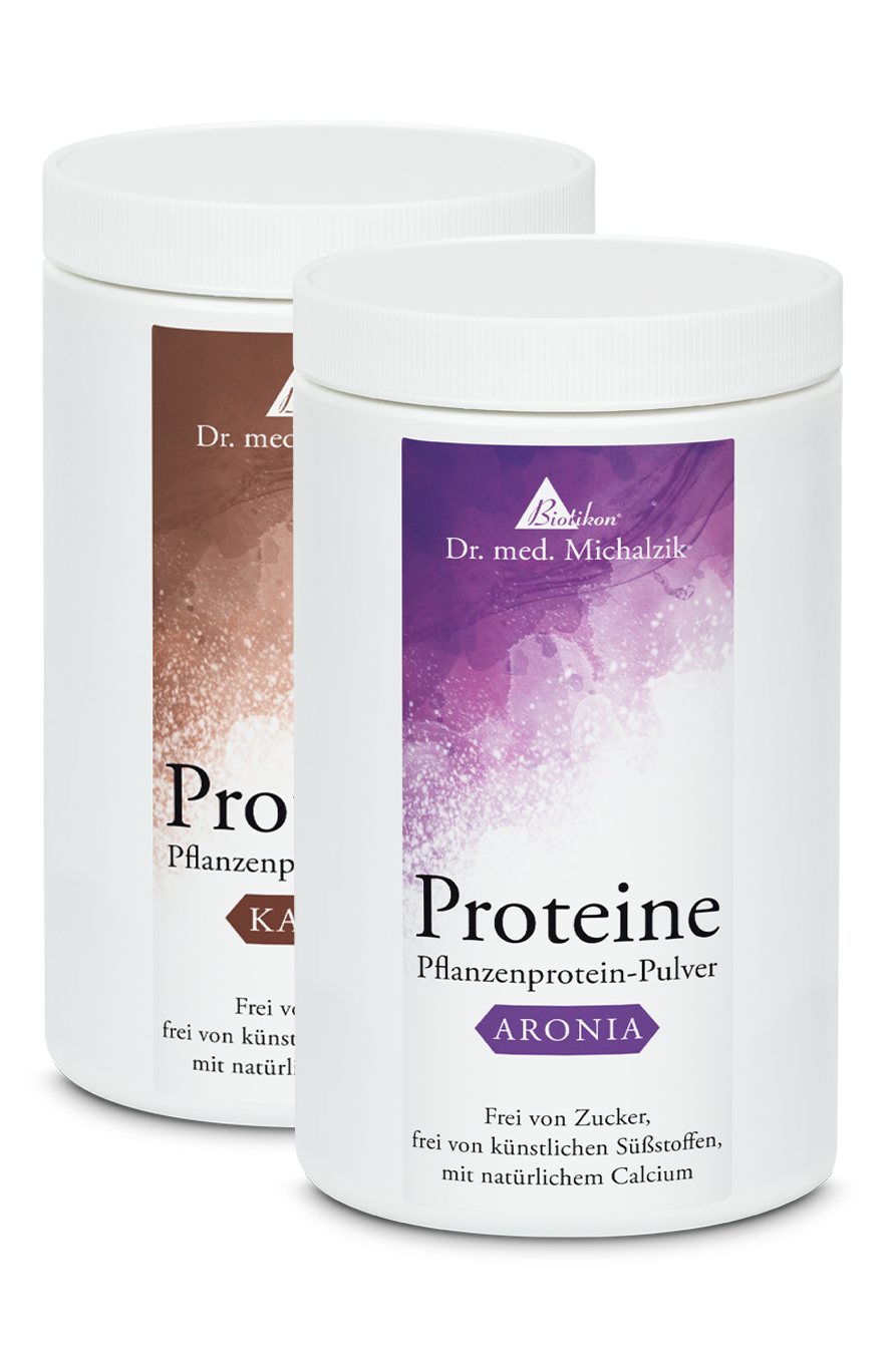 Aronia Plant Protein Powder – 400 g Two cans of plant-based protein powder in white, flavors of Aronia and cocoa, 400 g.