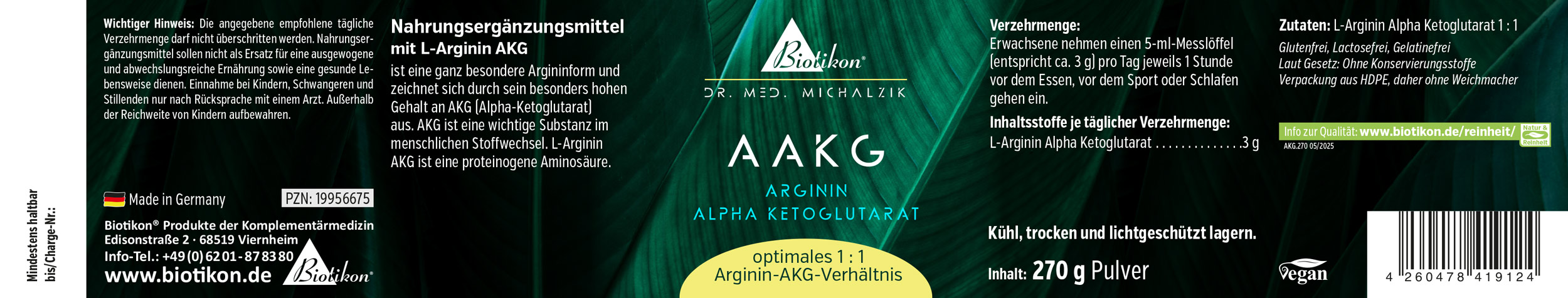 AAKG – Arginine Alpha Ketoglutarate 270g powder AAKG powder in 270 g packaging, black and green design, highly visible, vegan and free from additives.