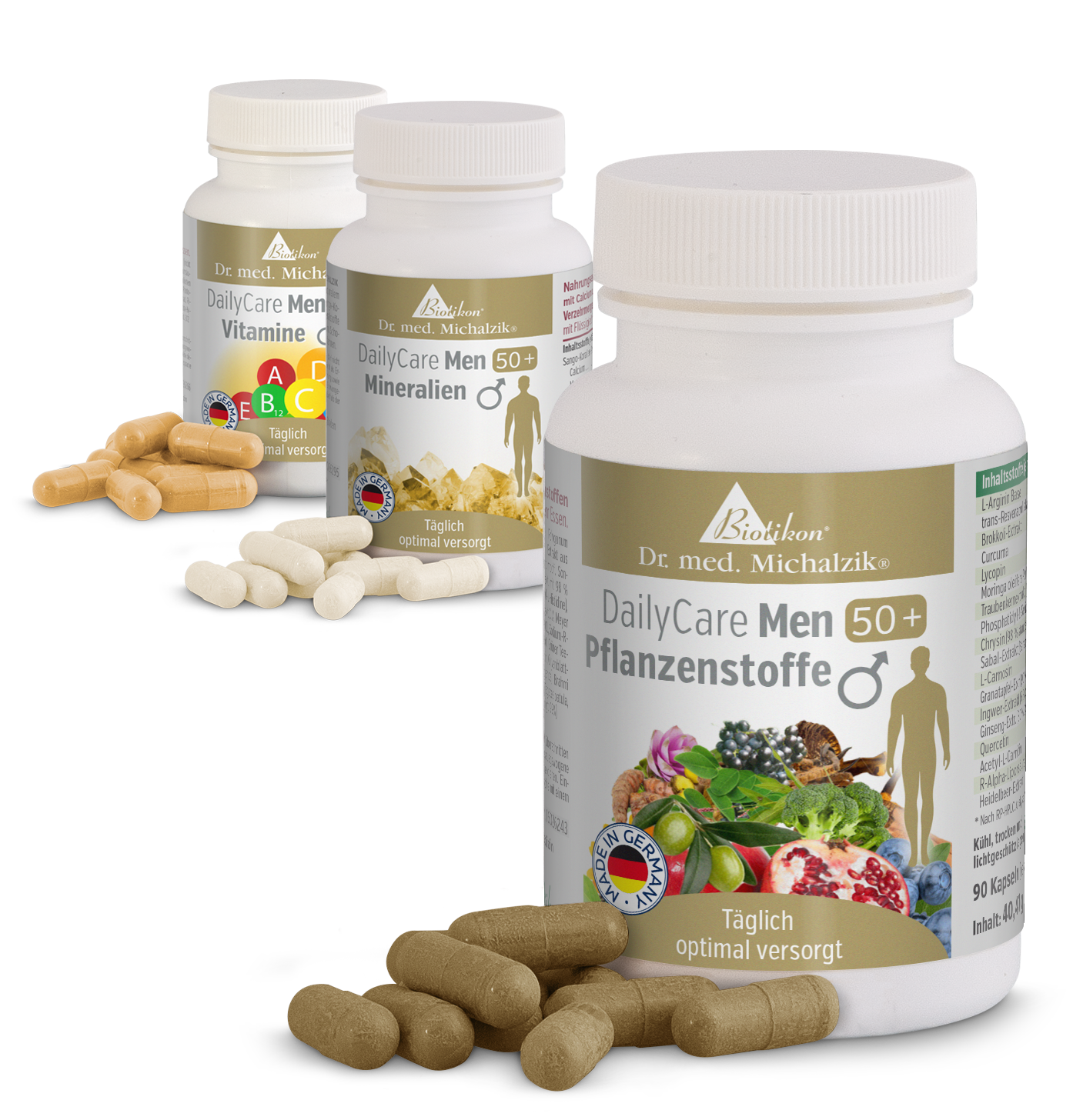 DailyCare Men 50+ – Capsules Three bottles of dietary supplements for men over 50, capsules in various colors, side view.