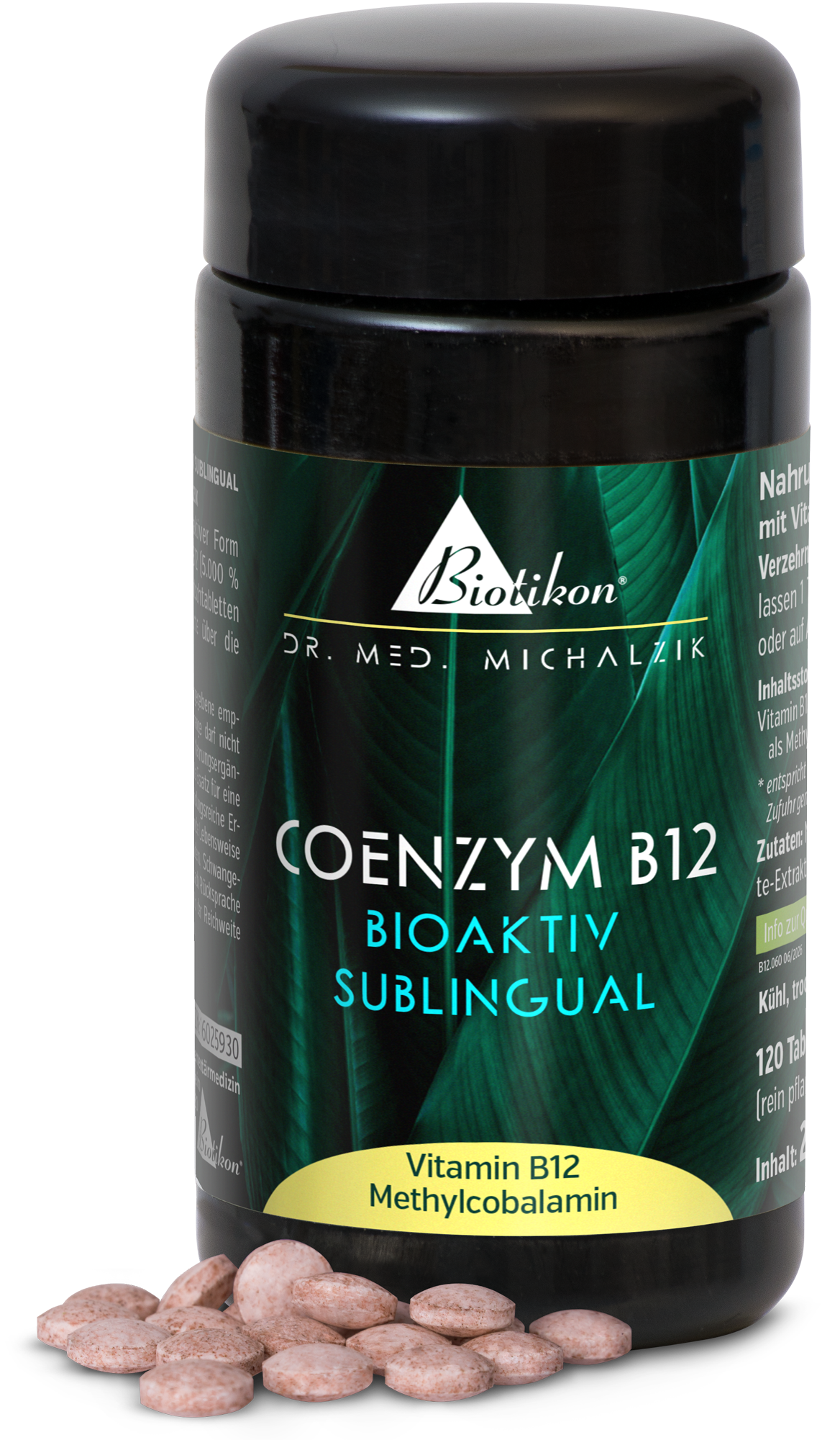 Coenzyme B12 dietary supplement in black bottle, 120 sublingual tablets, pink-brown color, half-side perspective.