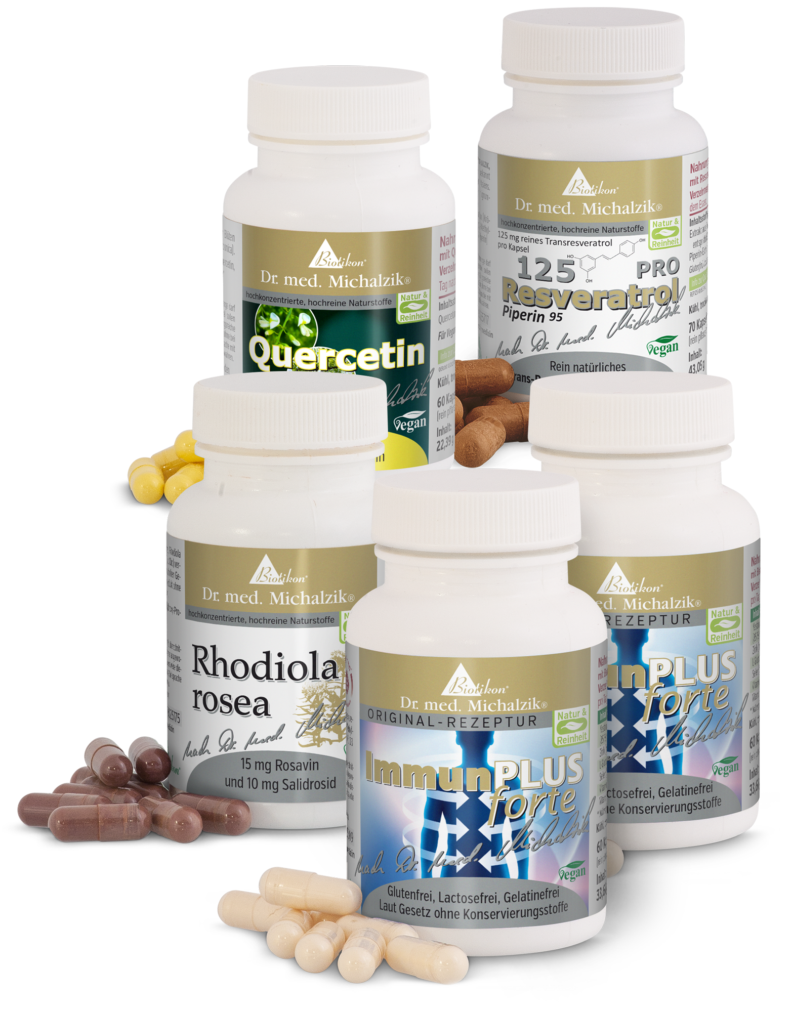 Quercetin 600 mg – Capsules Quercetin active ingredient in capsules, 60 pieces, white container surrounded by capsules.
