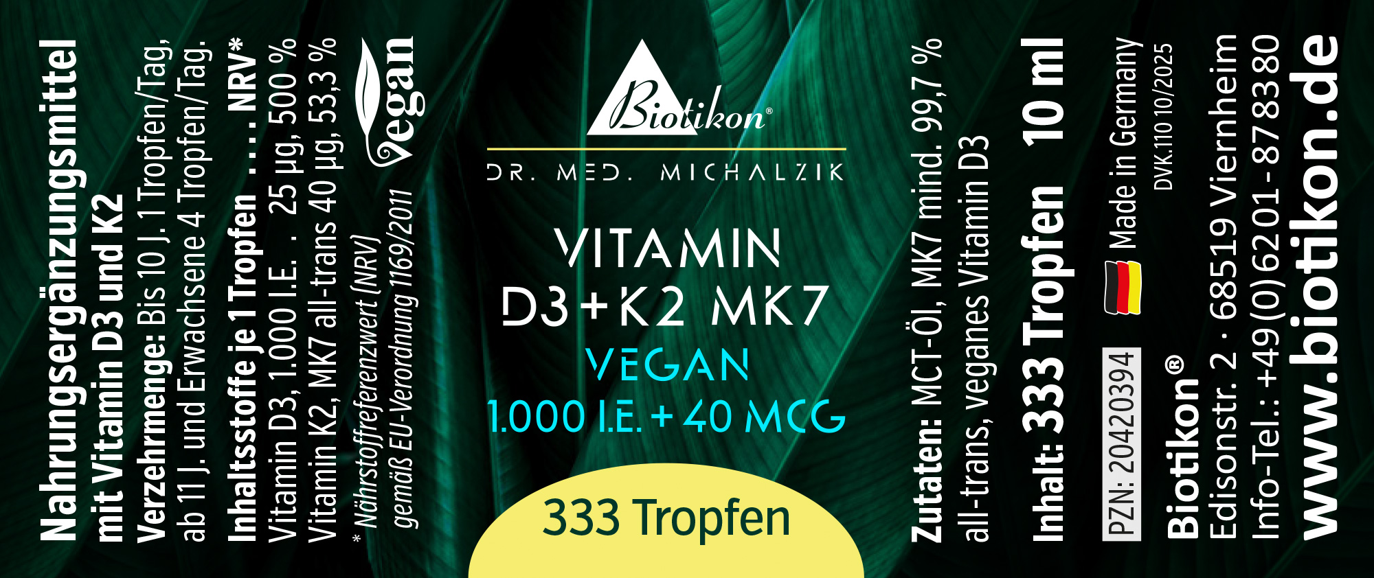 Bottle with 333 drops of Vitamin D3 and K2 MK7, 10 ml, green packaging