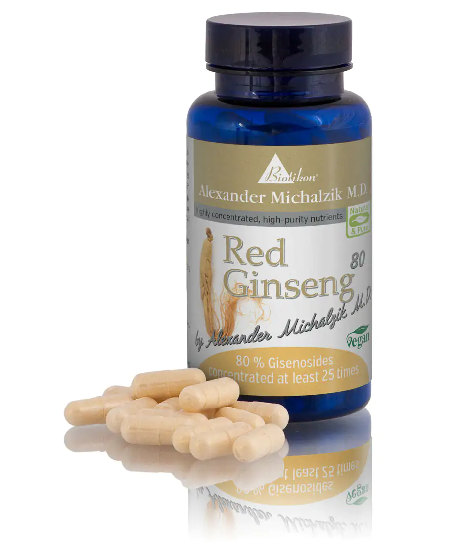 Red Ginseng 80 – Capsules Bottle with 80 red ginseng capsules, beige capsules on table, blue glass container.