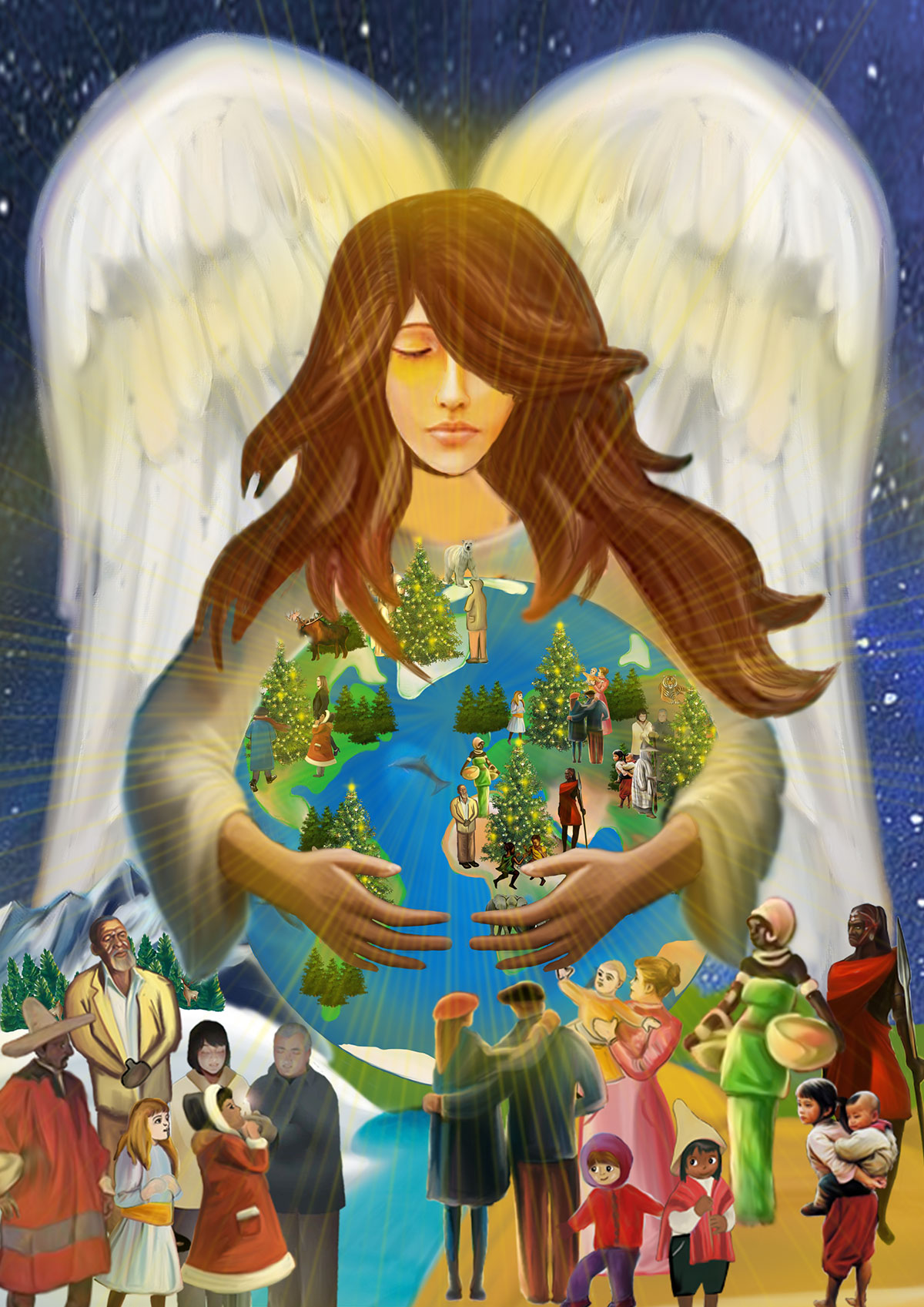 Angel with Earth – Illustrative Art An artistic depiction of an angel holding the Earth, surrounded by various figures and Christmas trees.