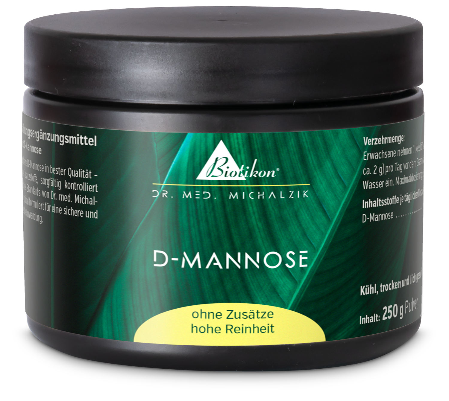 D-Mannose 250 g – Powder D-Mannose supplement in a black 250 g powder container with a green label.