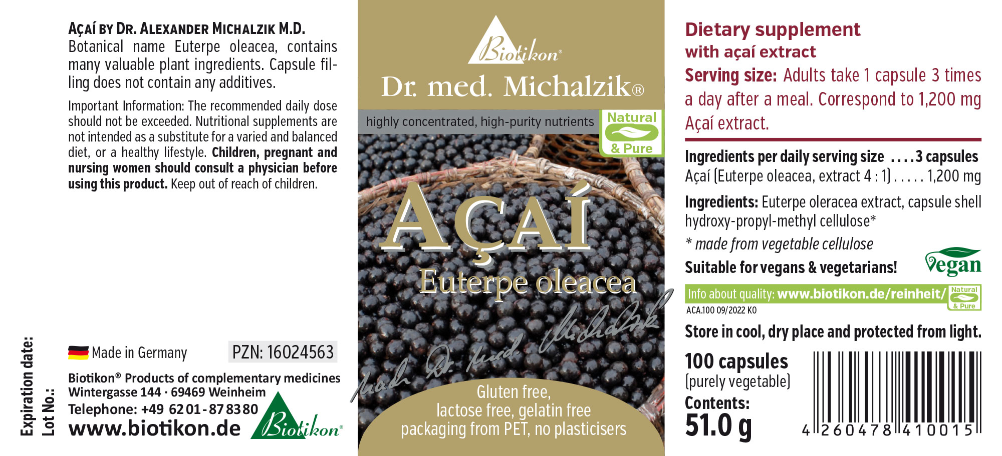 Açaí 1200 mg – Capsules Açaí capsules, 100 count, dark purple packaging, plant-based, vegan.