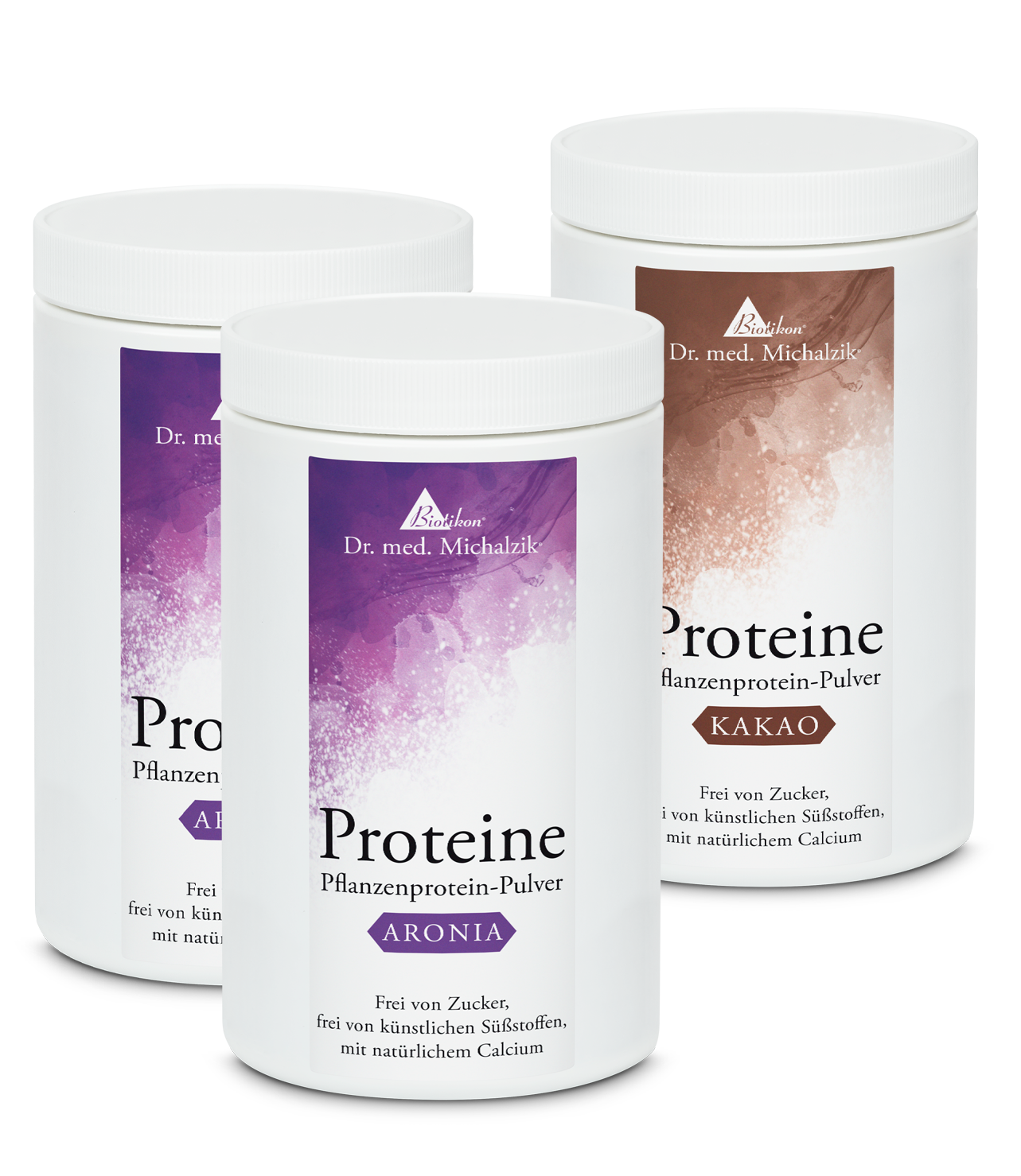 Plant-Based Protein Powder – Aronia and Cocoa Two containers of plant-based protein powder in Aronia and Cocoa flavors, white with colorful labels, front view.