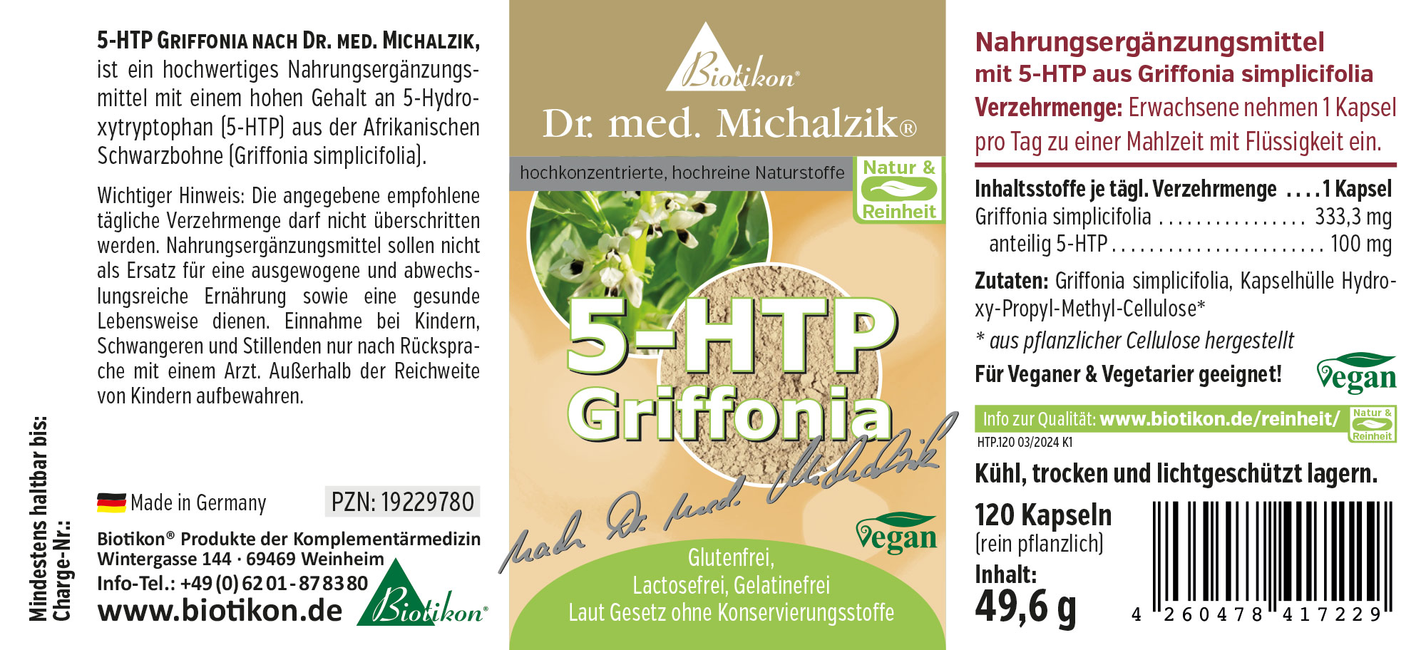 5-HTP Griffonia 100 mg – 120 Capsules Dietary supplement with 5-HTP from Griffonia simplicifolia, 120 vegan capsules, colorful packaging, front view.