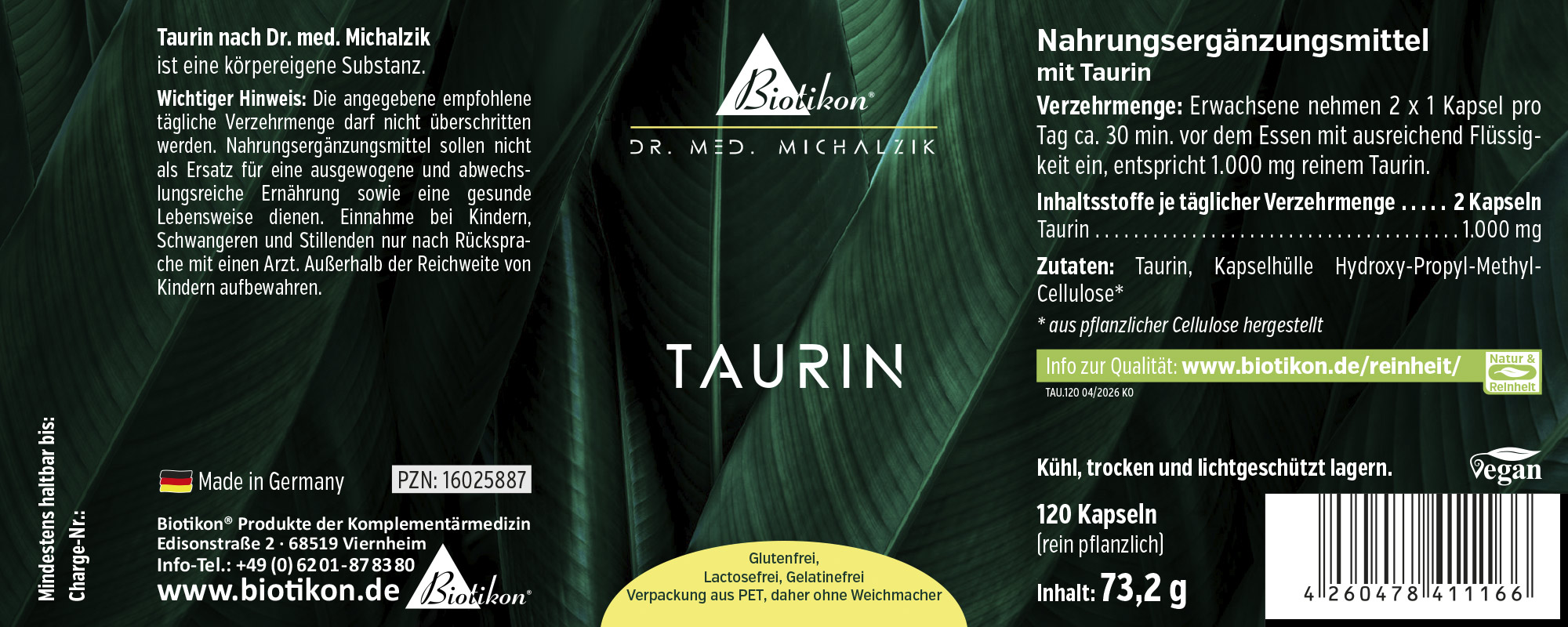 Vegan Taurine capsules in packaging, 120 capsules, gluten-free, lactose-free, plant-based capsules.