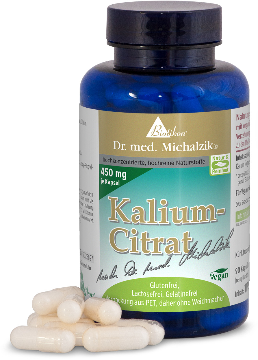 Potassium Citrate 450 mg – Capsules Blue bottle containing 90 white capsules, vegan, gluten-free, lactose-free.