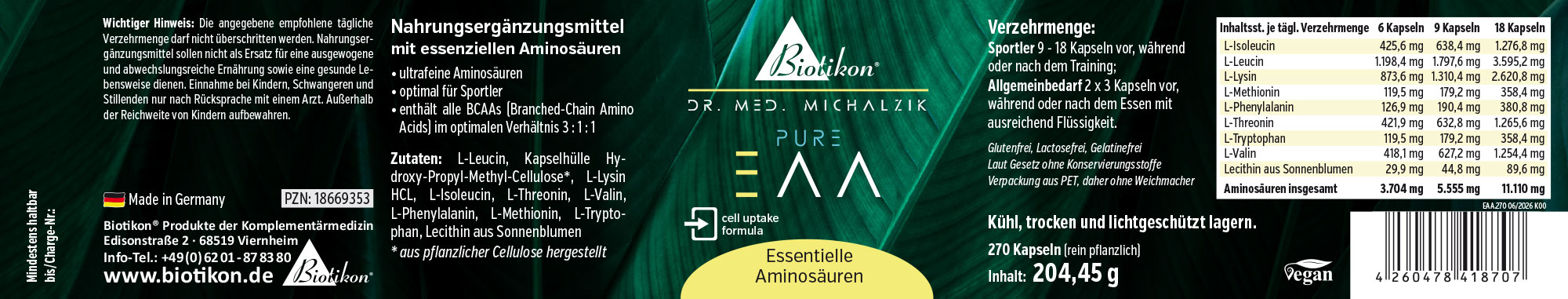 Packaging with 270 plant-based capsules for essential amino acids, green, front view.