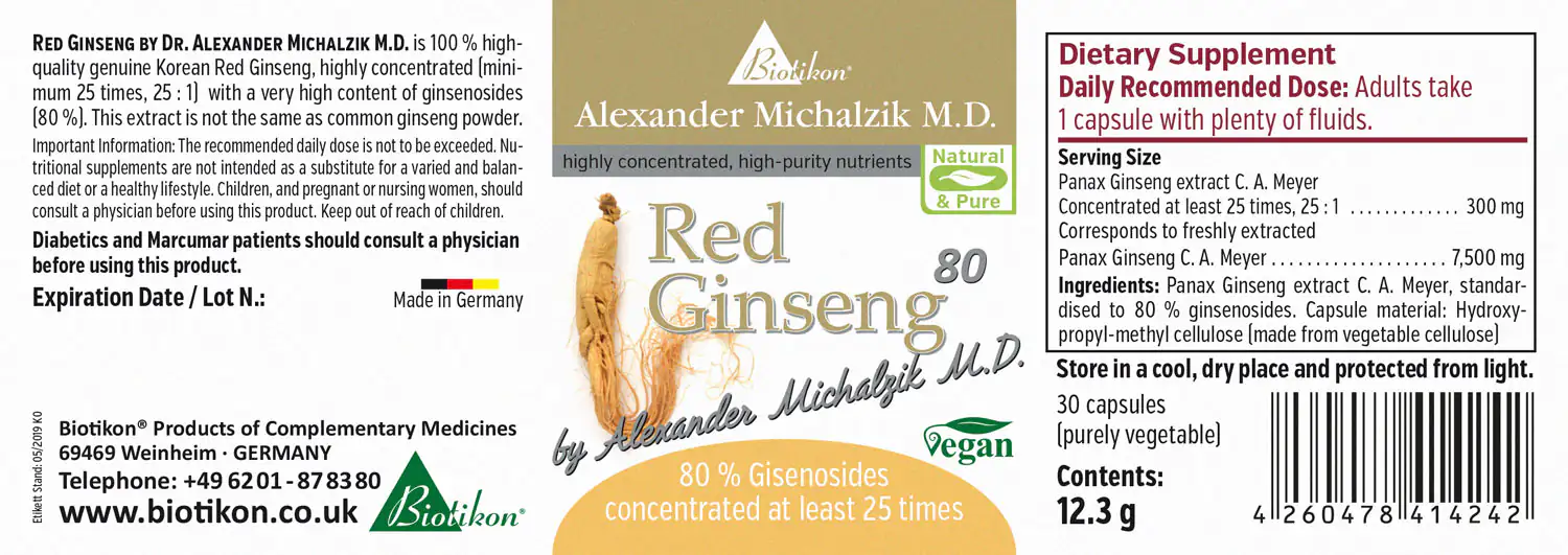 Red Ginseng 300 mg – Capsules Red ginseng extract in vegan capsules, 30 count, front view of the packaging.