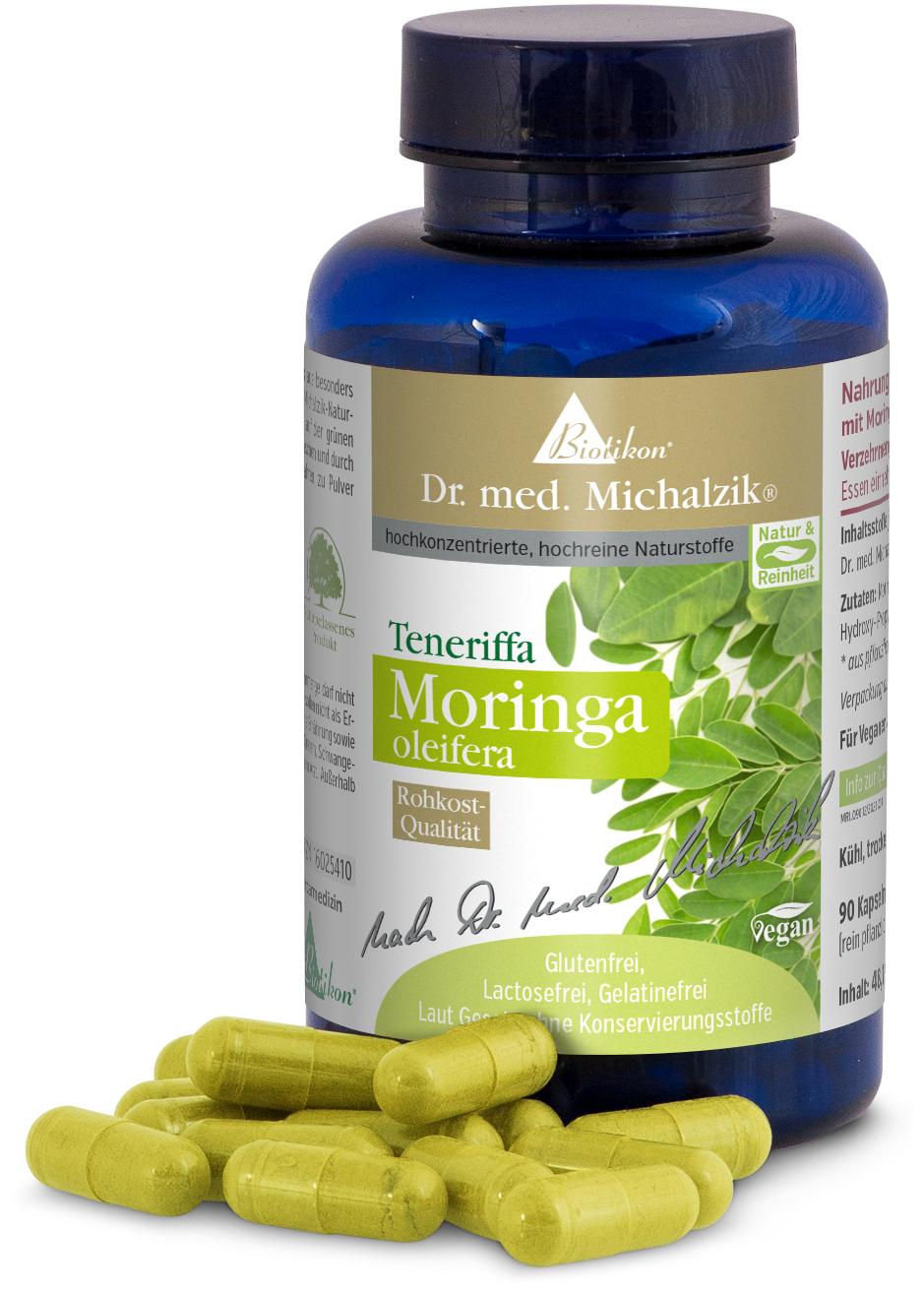 Moringa Oleifera – 90 Capsules Bottle containing Moringa Oleifera capsules, green capsules, 90 pieces, vegan, in a blue bottle.