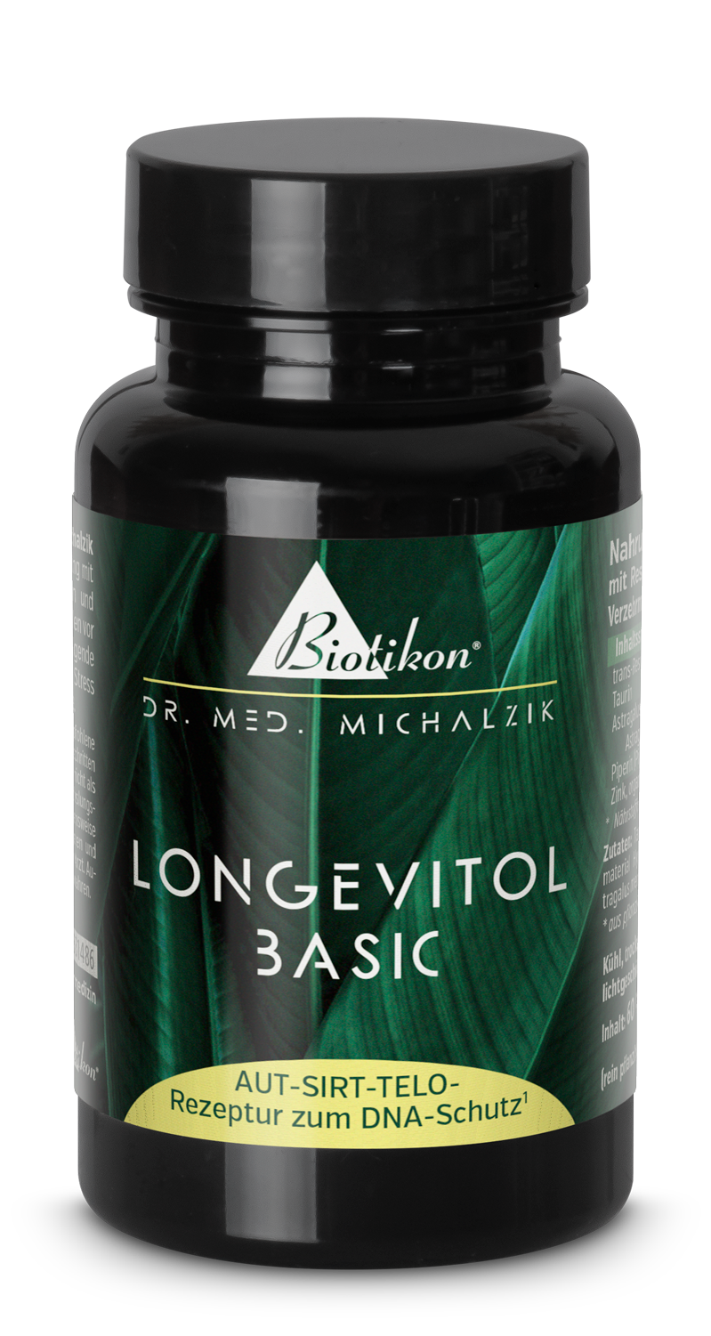 Longevitol basic capsules in a white bottle, 60 count, vegan, with slightly transparent capsules.