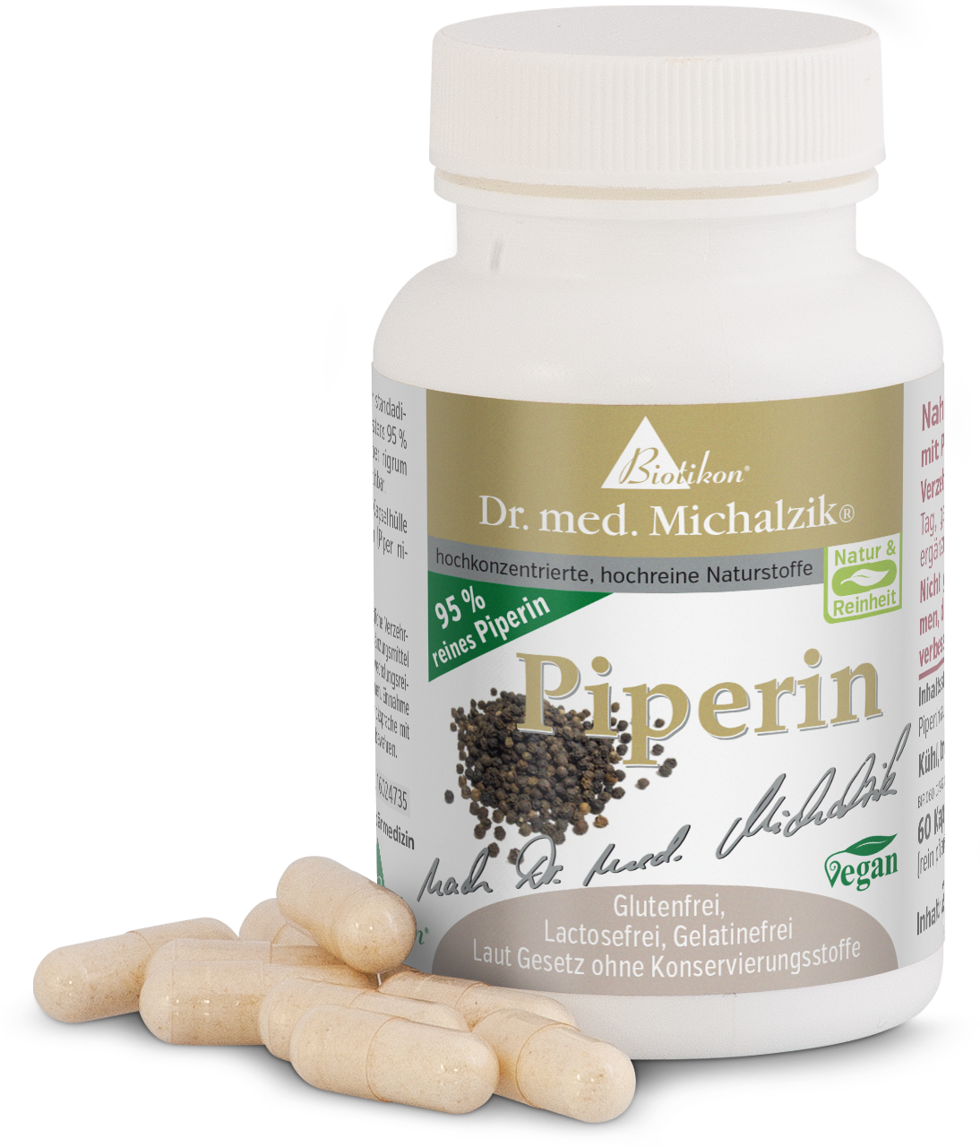 Piperine 60 Capsules - High Purity Product Piperine capsules in a white bottle containing 60 pieces, vegan and gluten-free, with capsules in the foreground.