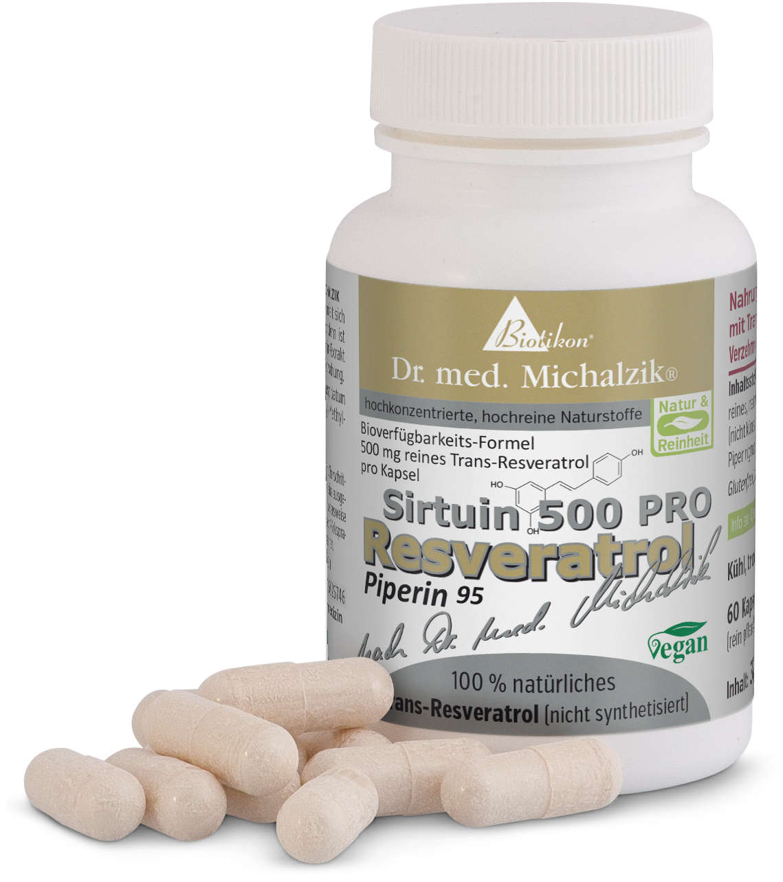 Resveratrol 500 mg – Capsules Bottle with 60 beige capsules, view of label and capsules on the table.