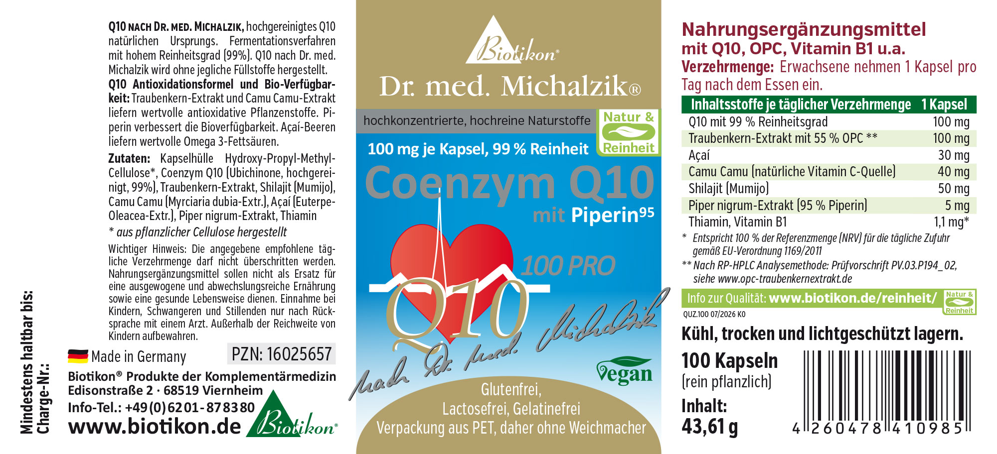 Biotikon Coenzyme Q10 with Piperine, 100 capsules, vegan formula, high purity, green packaging.