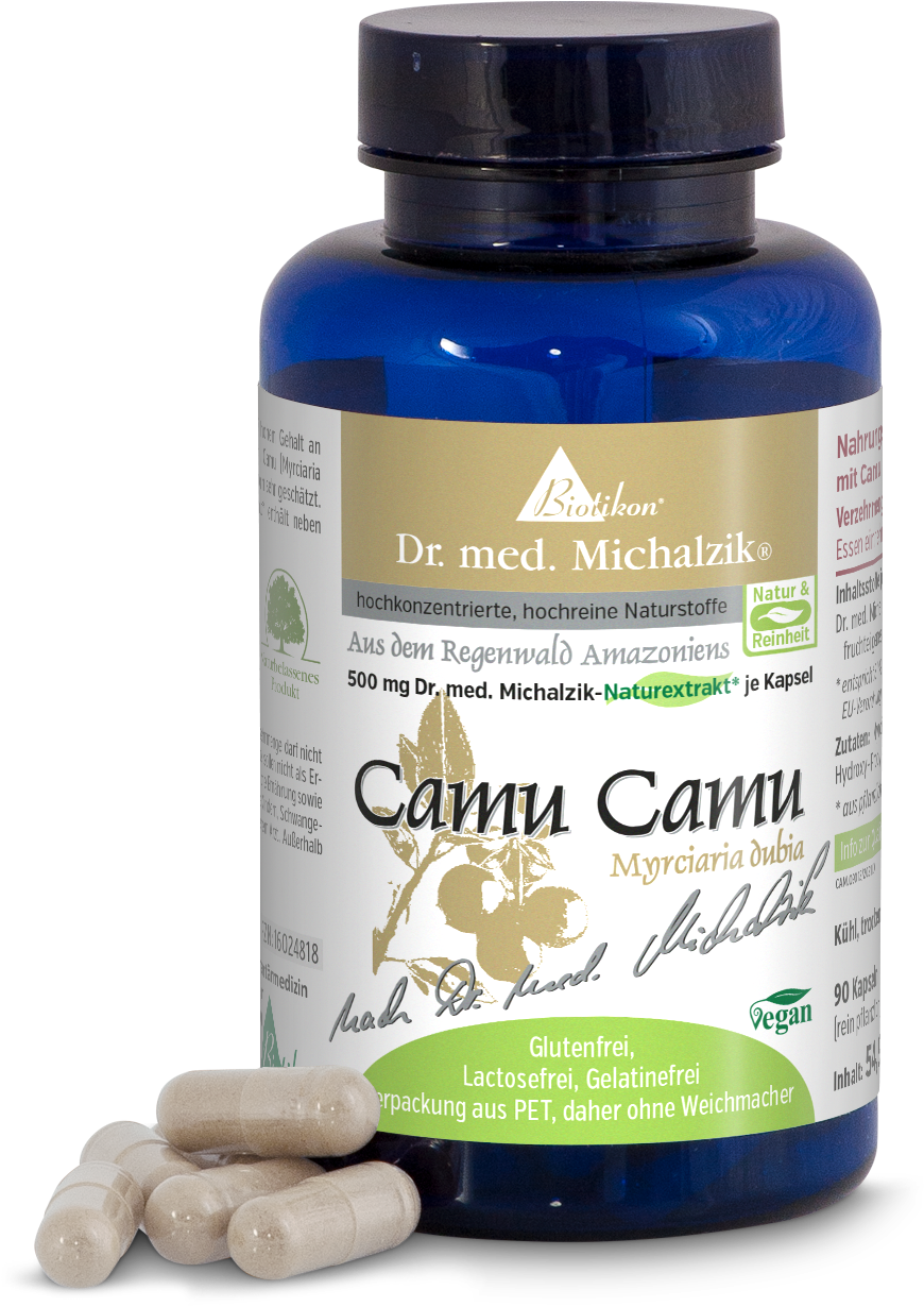Camu Camu 500 mg – Capsules Camu Camu dietary supplement in blue PET bottle, 90 capsules, several capsules in the foreground.