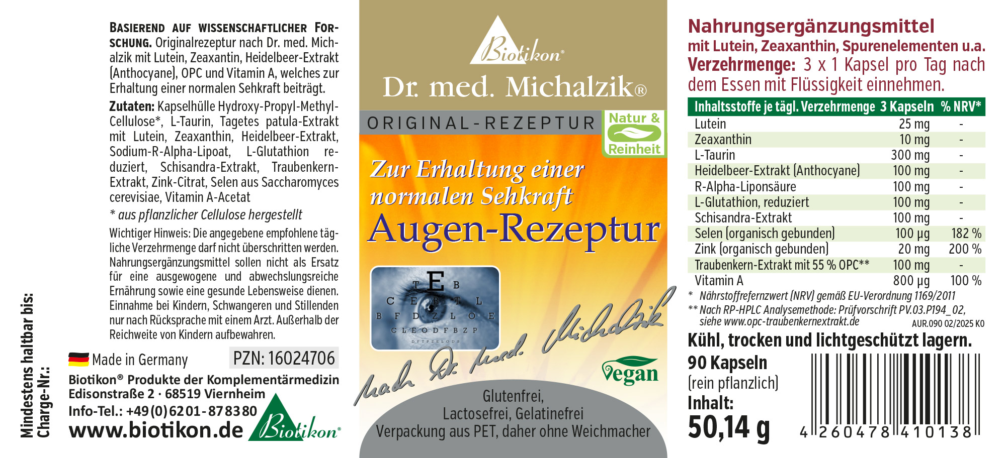 Eye Formula – 90 Capsules Package of Eye Formula, contains 90 vegan capsules, yellow cap, nutrient information on the back.