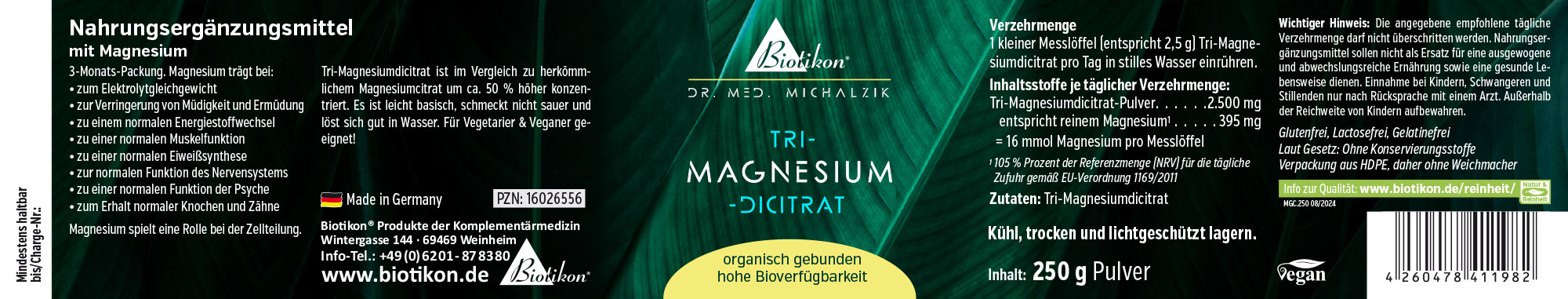 Tri-Magnesium Dicitrat 250 g – Powder Tri-Magnesium Dicitrat powder in 250 g packaging, green packaging, front view.