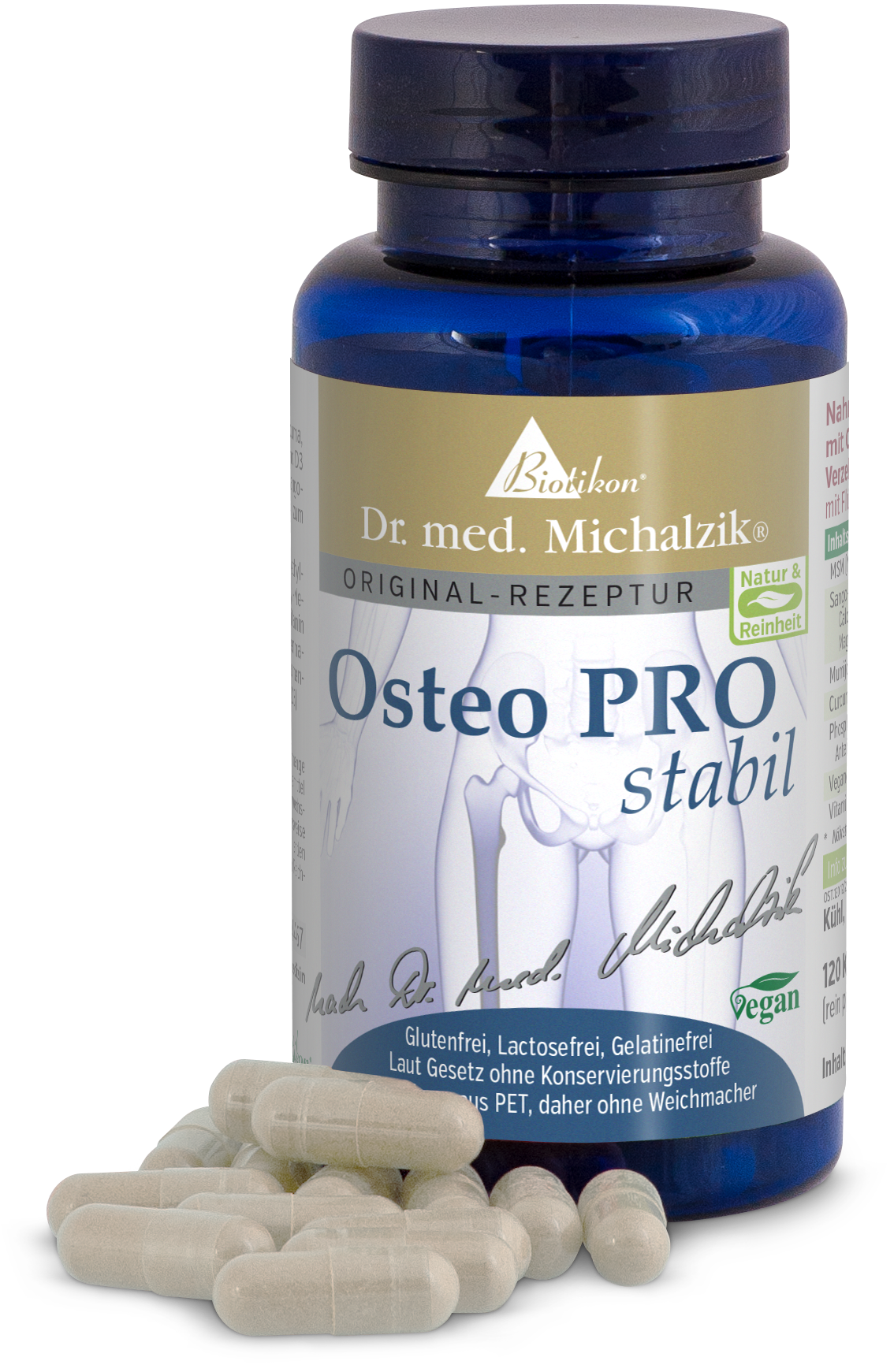 Osteo PRO Stabil – 120 Capsules Osteo PRO Stabil capsules in blue bottle, 120 pieces, gluten-free, vegan, made from recycled PET.