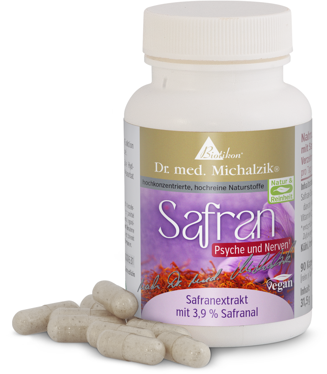 Saffron Extract 90 Capsules - 3.9% Safranal White plastic container with 90 capsules of saffron extract, purple label, front view.
