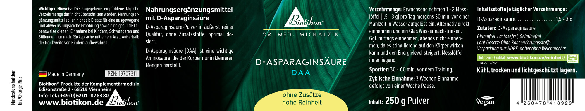 D-Aspartic Acid powder in 250 g packaging, greenish black, view of the box with dosage instructions.
