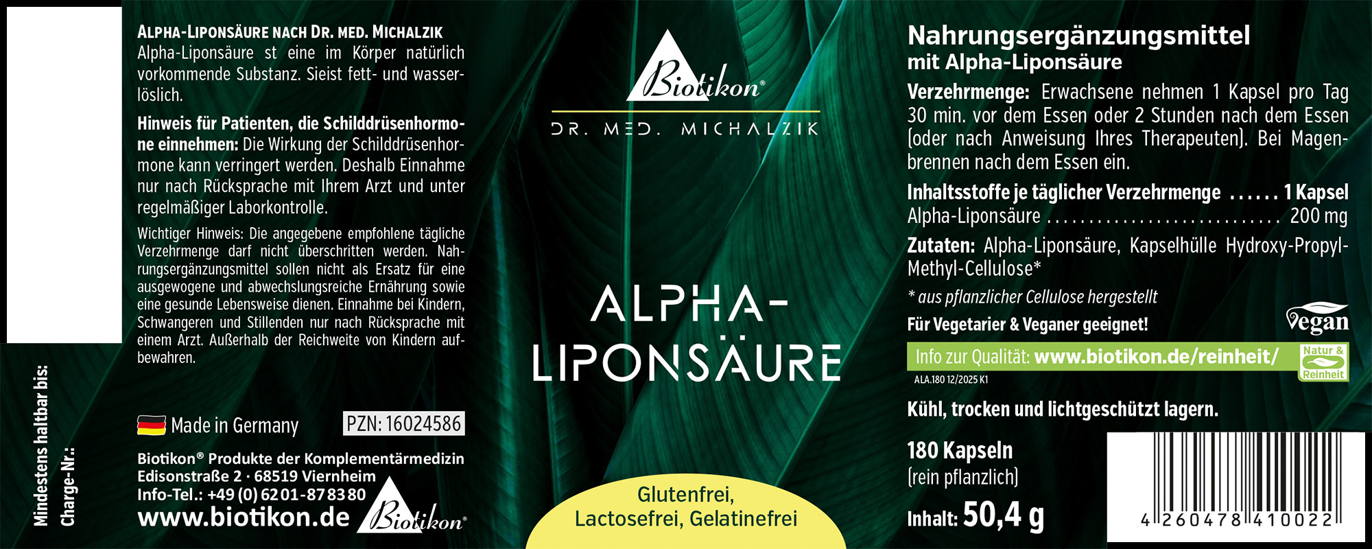 180 capsules of Alpha Lipoic Acid, vegan, in PET packaging, brown capsules, side view.