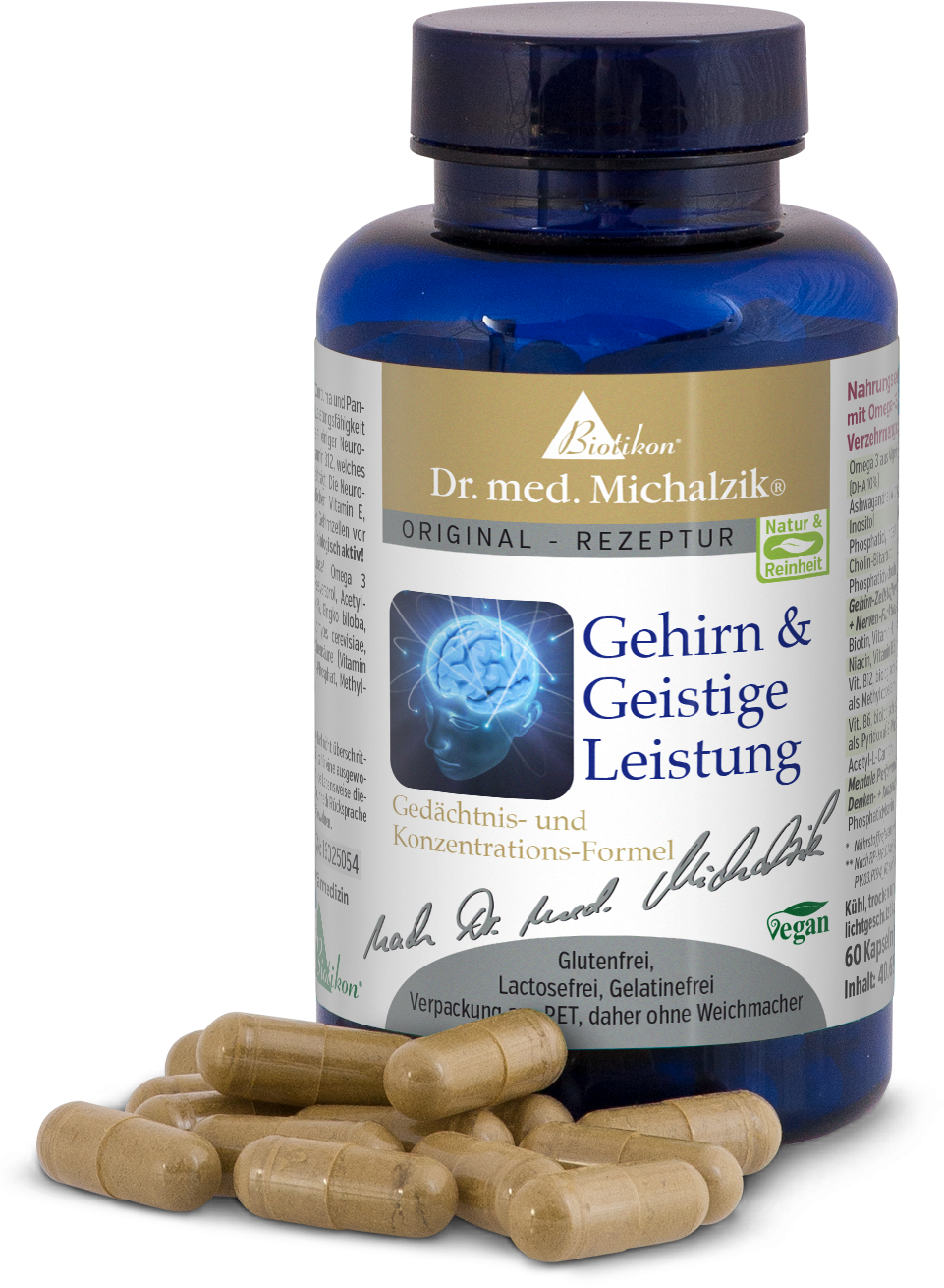 Brain & Cognitive Performance – 60 Capsules Bottle with 60 capsules for cognitive performance, blue packaging, beige capsules