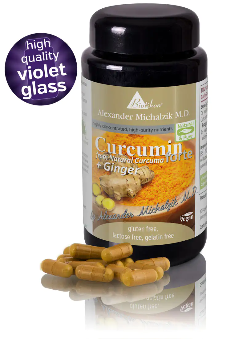 Curcumin Forte 500 mg - Capsules Brown capsules in a black glass bottle, 90 pieces, with illustrations of turmeric and ginger.