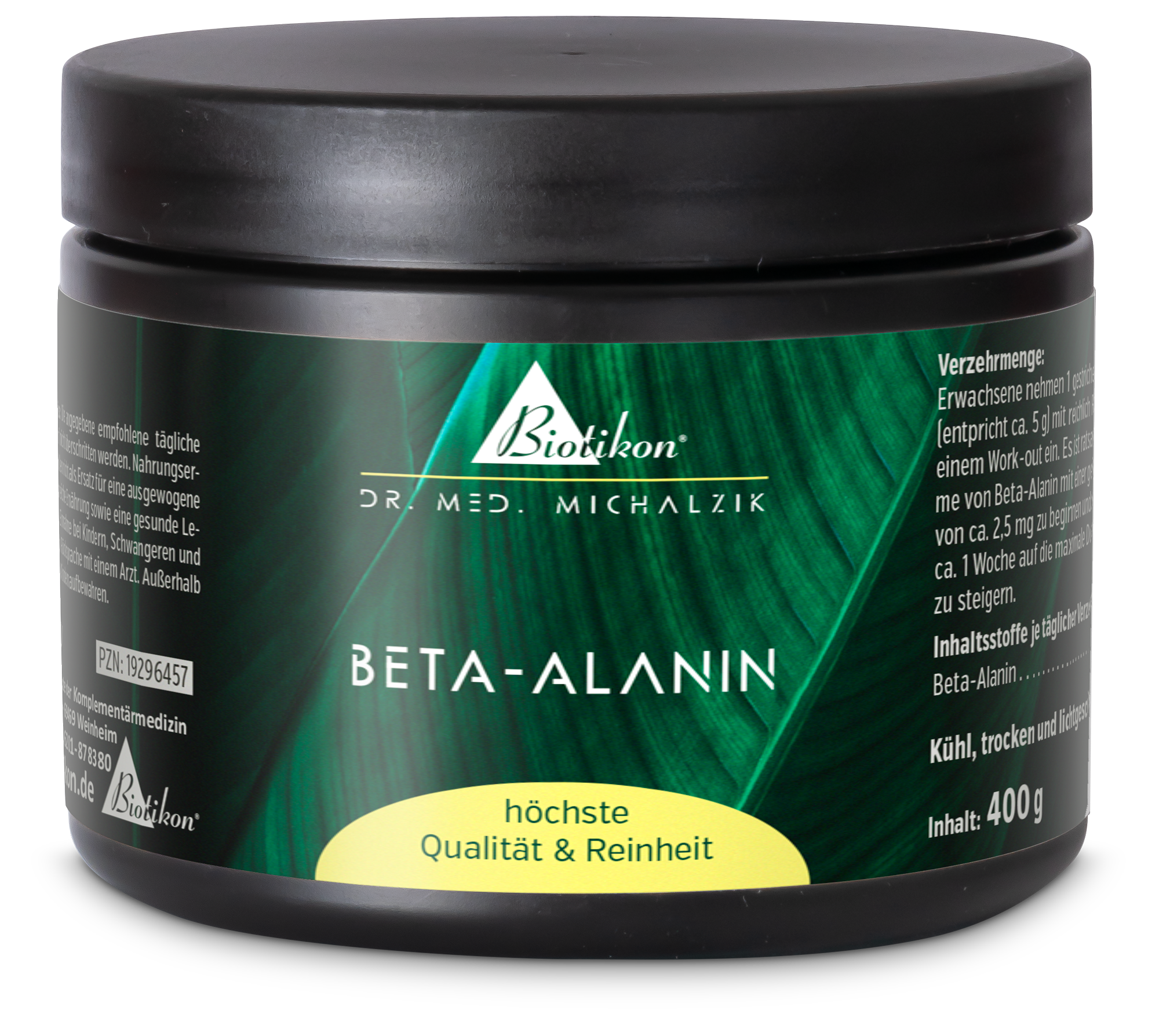 Beta-Alanine 400 g - Powder Container with Beta-Alanine powder, 400 g, black packaging with green accents.