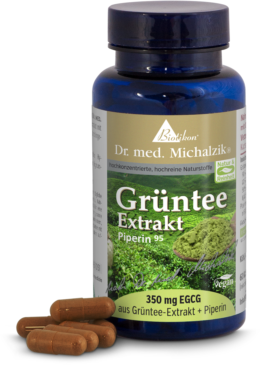 Green Tea Extract 350 mg – Capsules Bottle of green tea extract, 350 mg EGCG, with brown capsules, side view.
