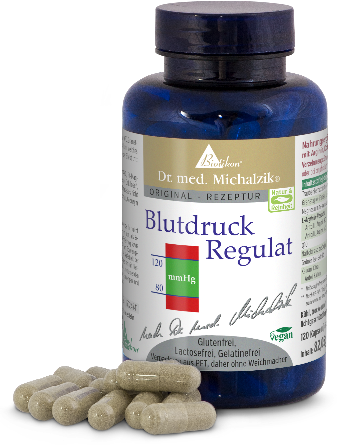 Blood Pressure Regulator - 120 Capsules Blood Pressure Regulator in blue bottle with 120 capsules, vegan, gluten-free, high-quality ingredients, close-up.