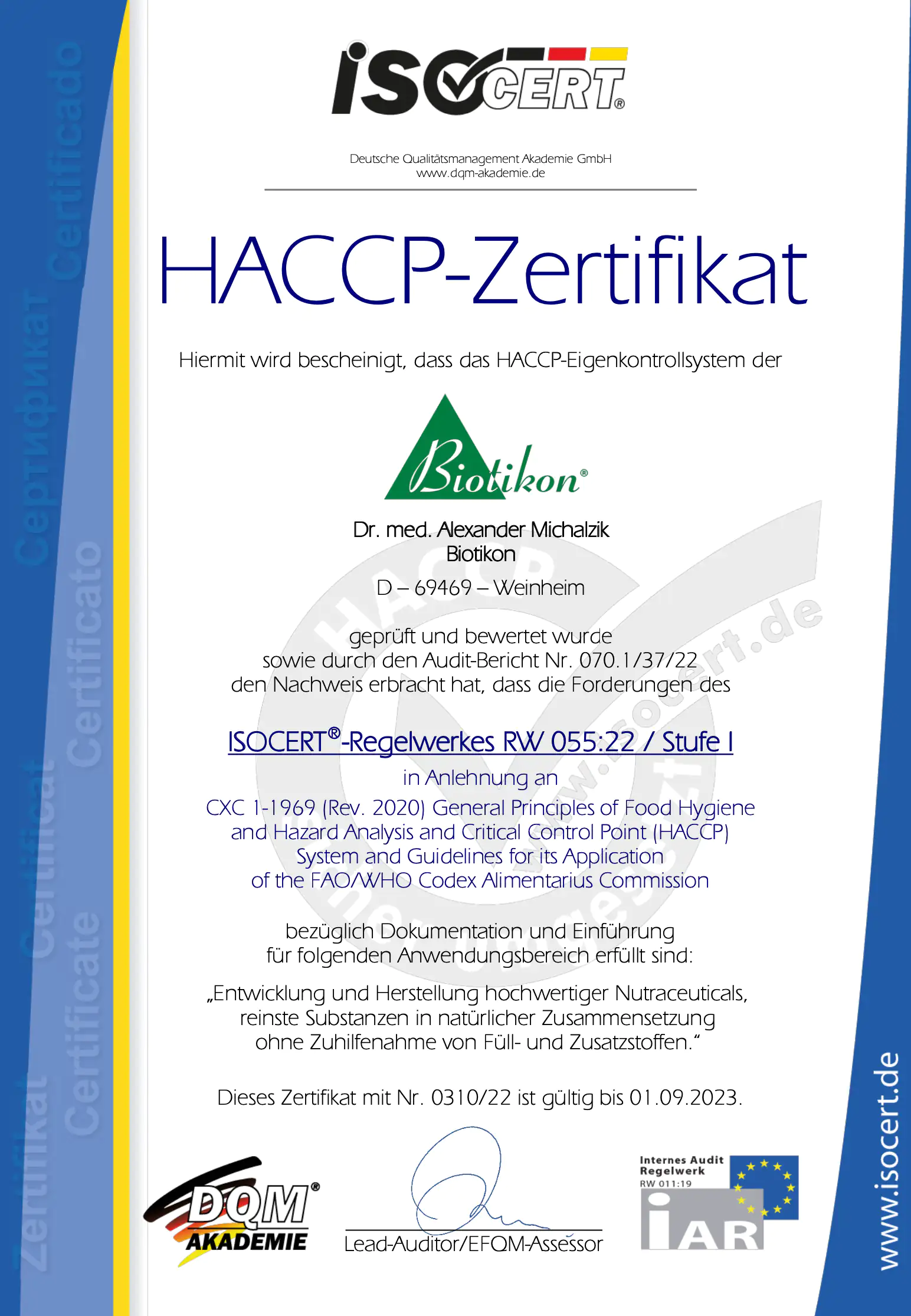 HACCP Certificate – Biotikon HACCP certificate from Biotikon showing details, including logo, inspection notes, and validity date.