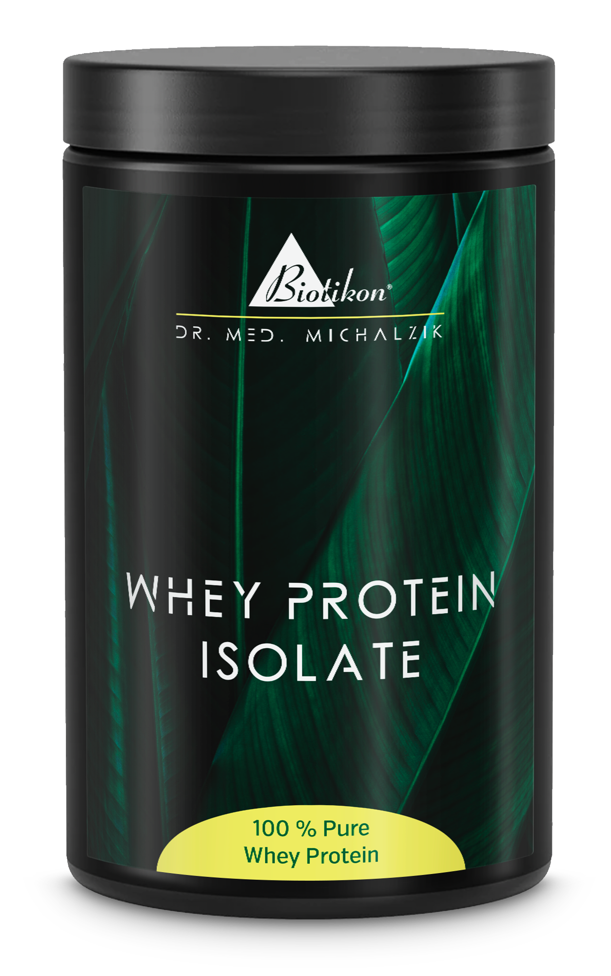 Whey Protein Isolate – 100% Pure Black can with Whey Protein Isolate, 100% pure, clear packaging, green leaves in the background.
