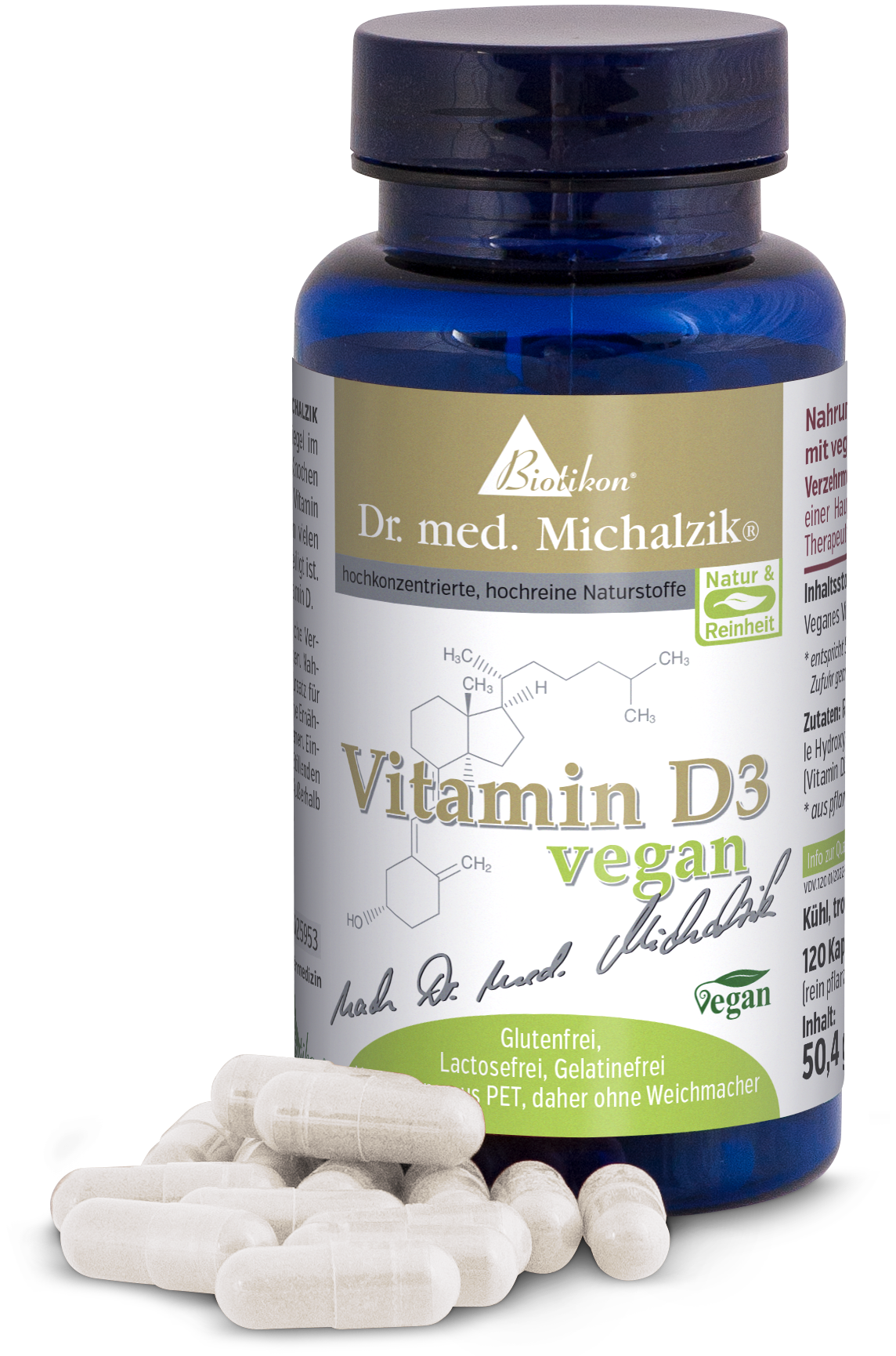 Vegan Vitamin D3 120 Capsules - Fresh Blue bottle containing 120 vegan Vitamin D3 capsules, with visible white capsules, fresh and clear presentation.