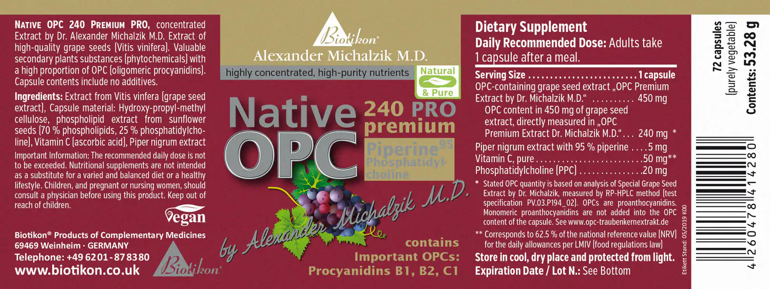 Native OPC 240 PRO – Capsules 60 vegan capsules containing high-quality grape seed extract, green-brown packaging, side view.