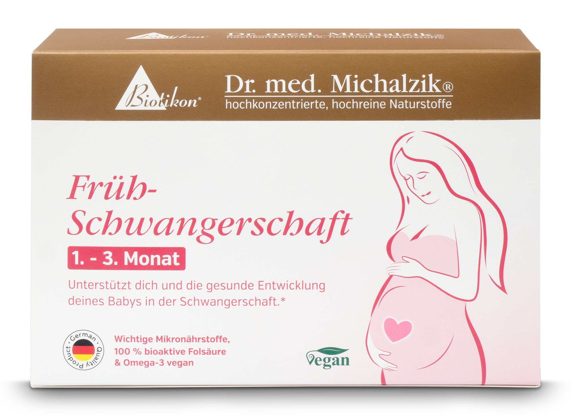 Early Pregnancy: 1st - 3rd Month Capsules Packaging of micronutrients for early pregnancy, vegan, 30 capsules, pink and beige tones.
